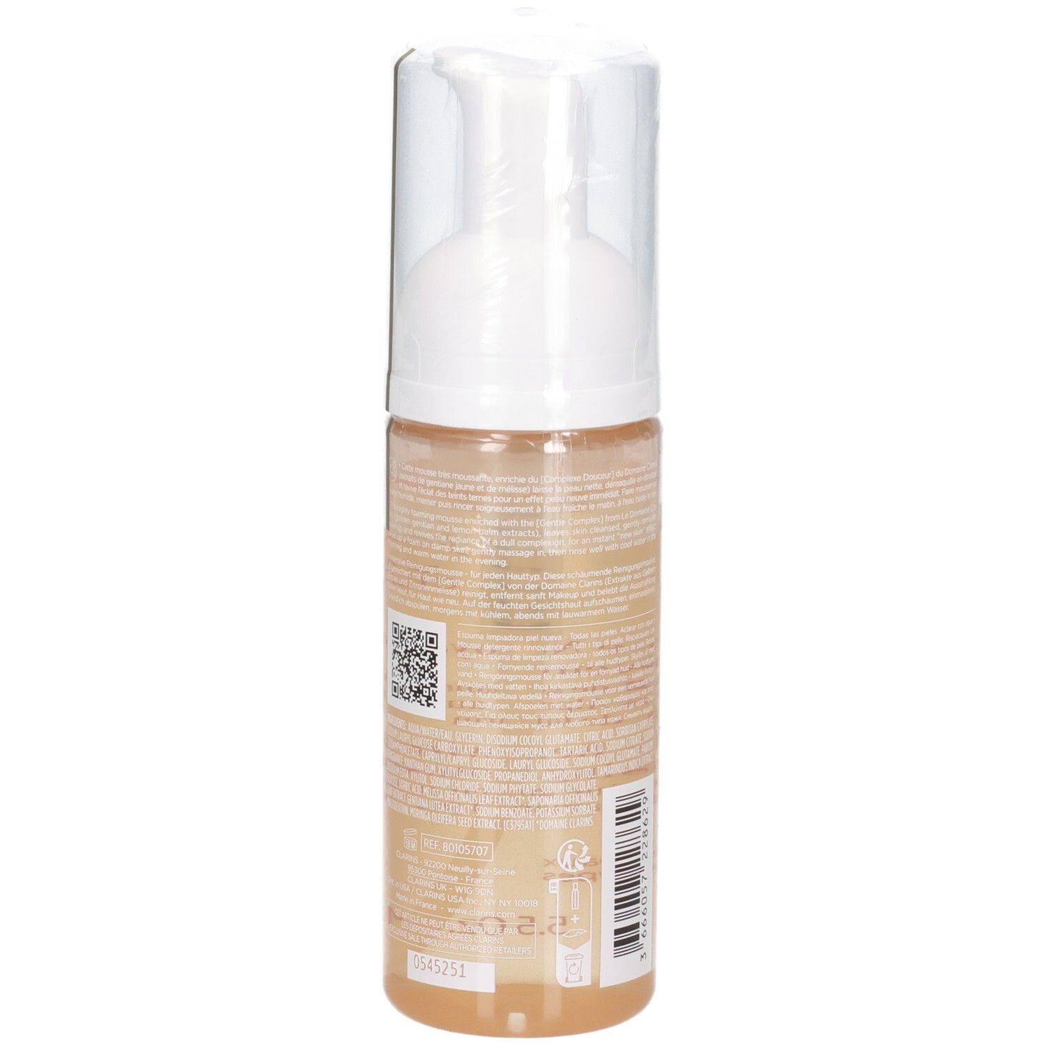 Zijkant van een Clarins reinigingsmousse fles met QR-code en tekst. Transparante dispenser met gele vloeistof.