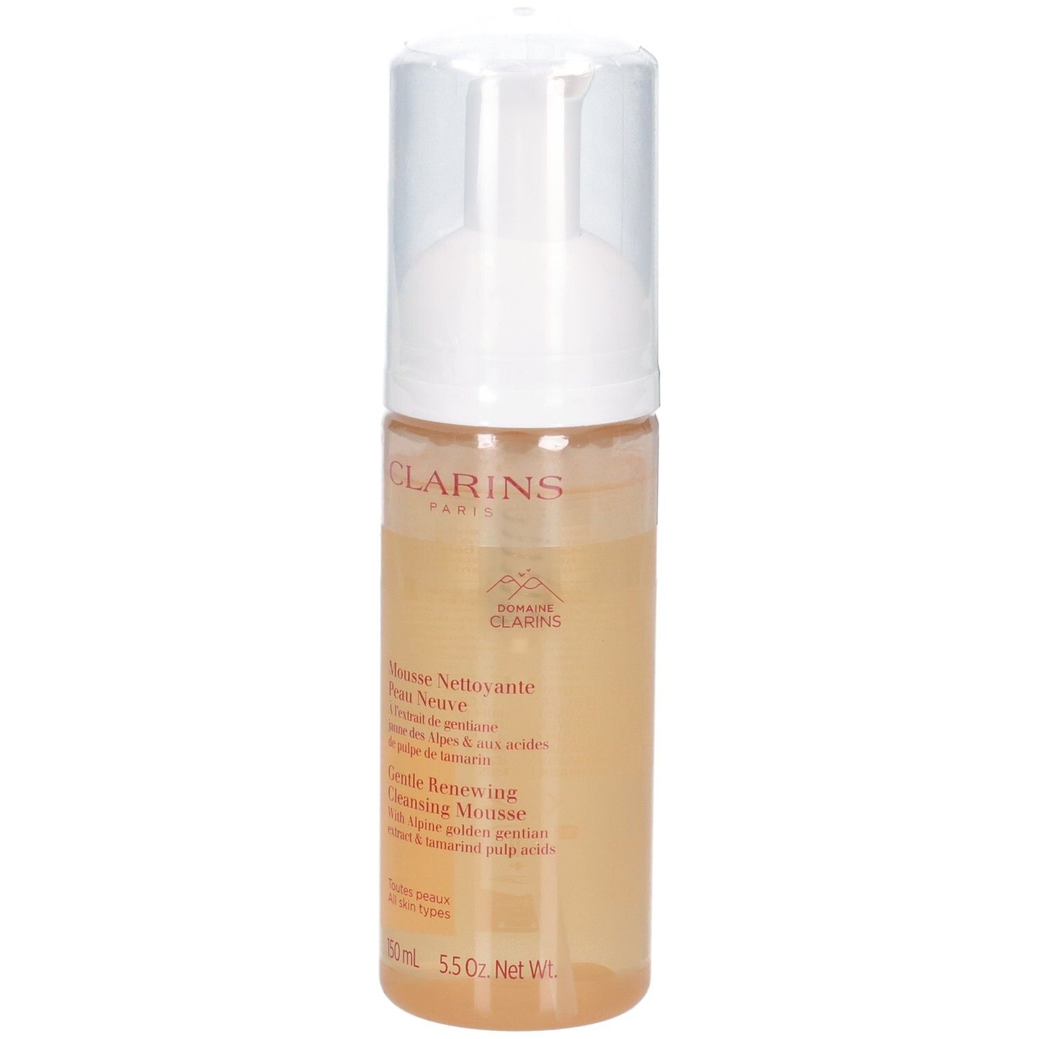 Clarins reinigingsmousse in een transparante dispenser met witte pomp. Gele vloeistof zichtbaar.