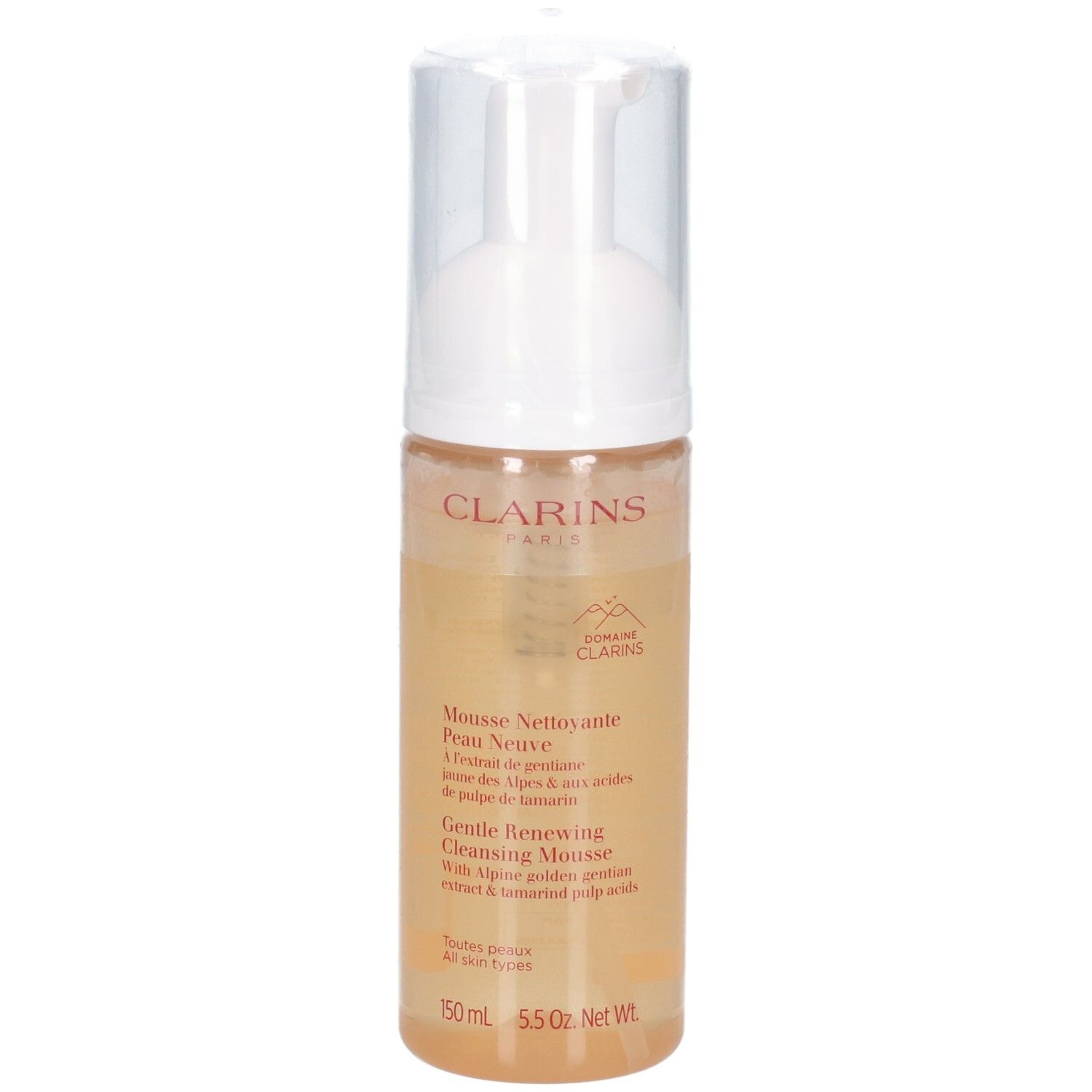 Clarins reinigingsmousse in een transparante dispenser met witte pomp. Gele vloeistof zichtbaar.