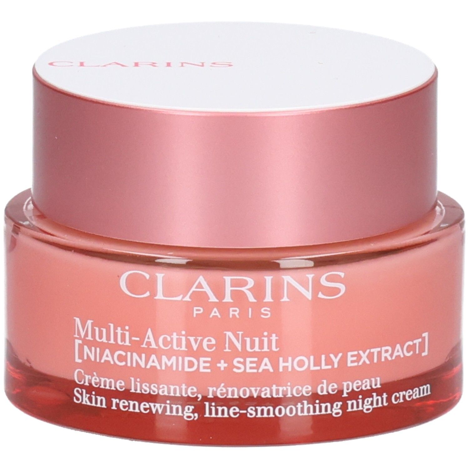 Clarins Multi-Active Nachtcrème in een roze glazen pot met witte deksel.