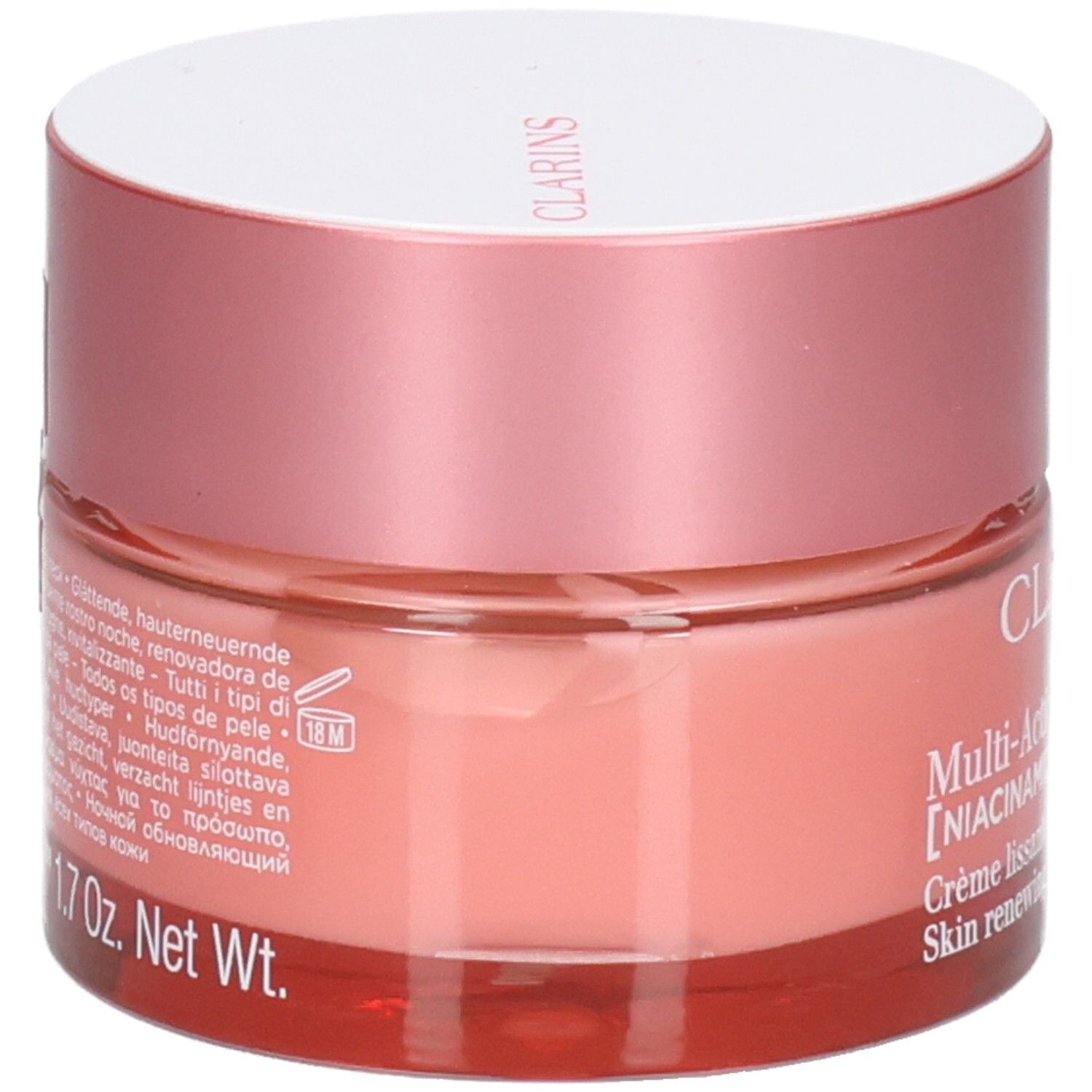 Clarins Multi-Active Nachtcrème, zijaanzicht met tekstinformatie op het glas.