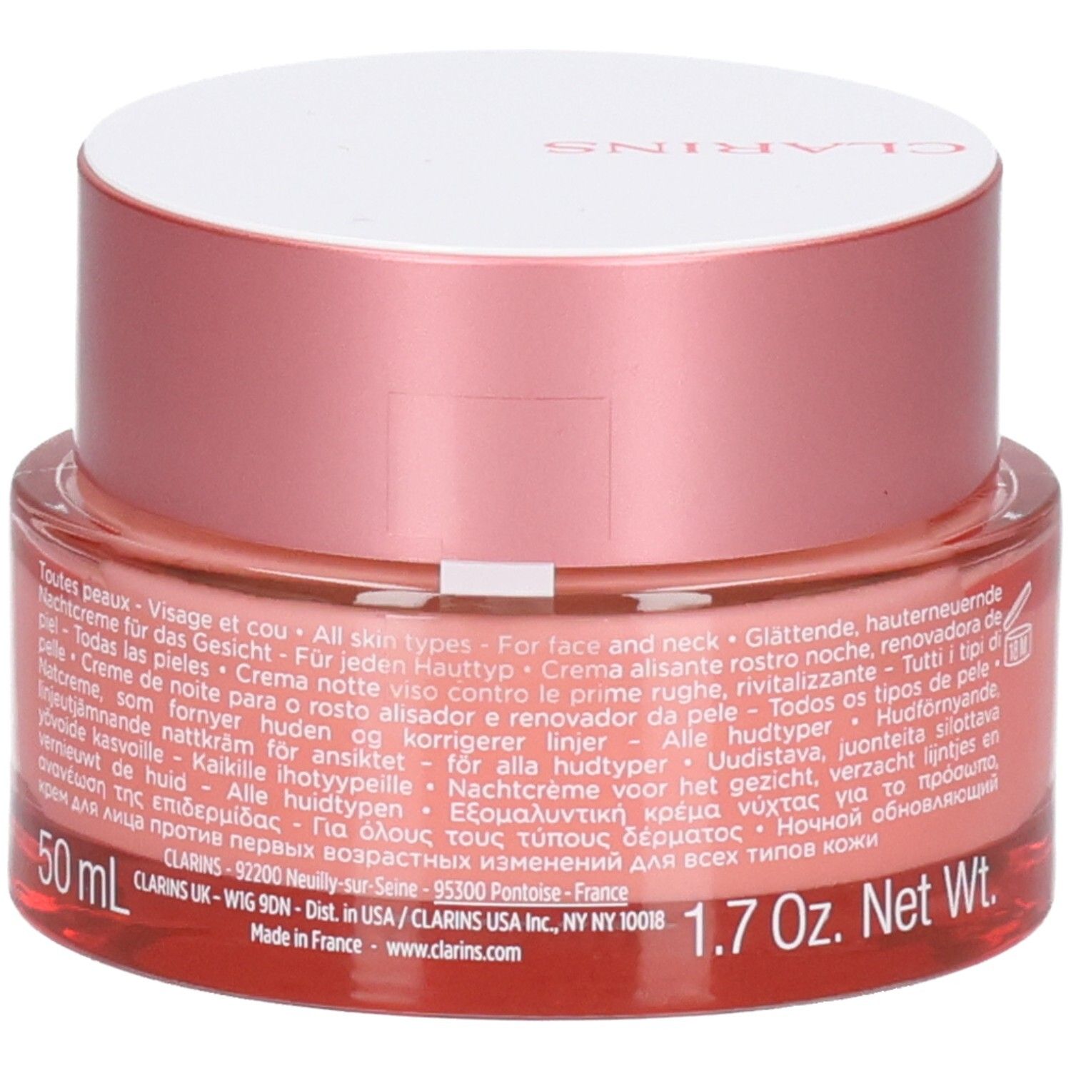 Clarins Multi-Active Nachtcrème, onderkant van de pot met 50 ml en 1.7 Oz Net Wt.