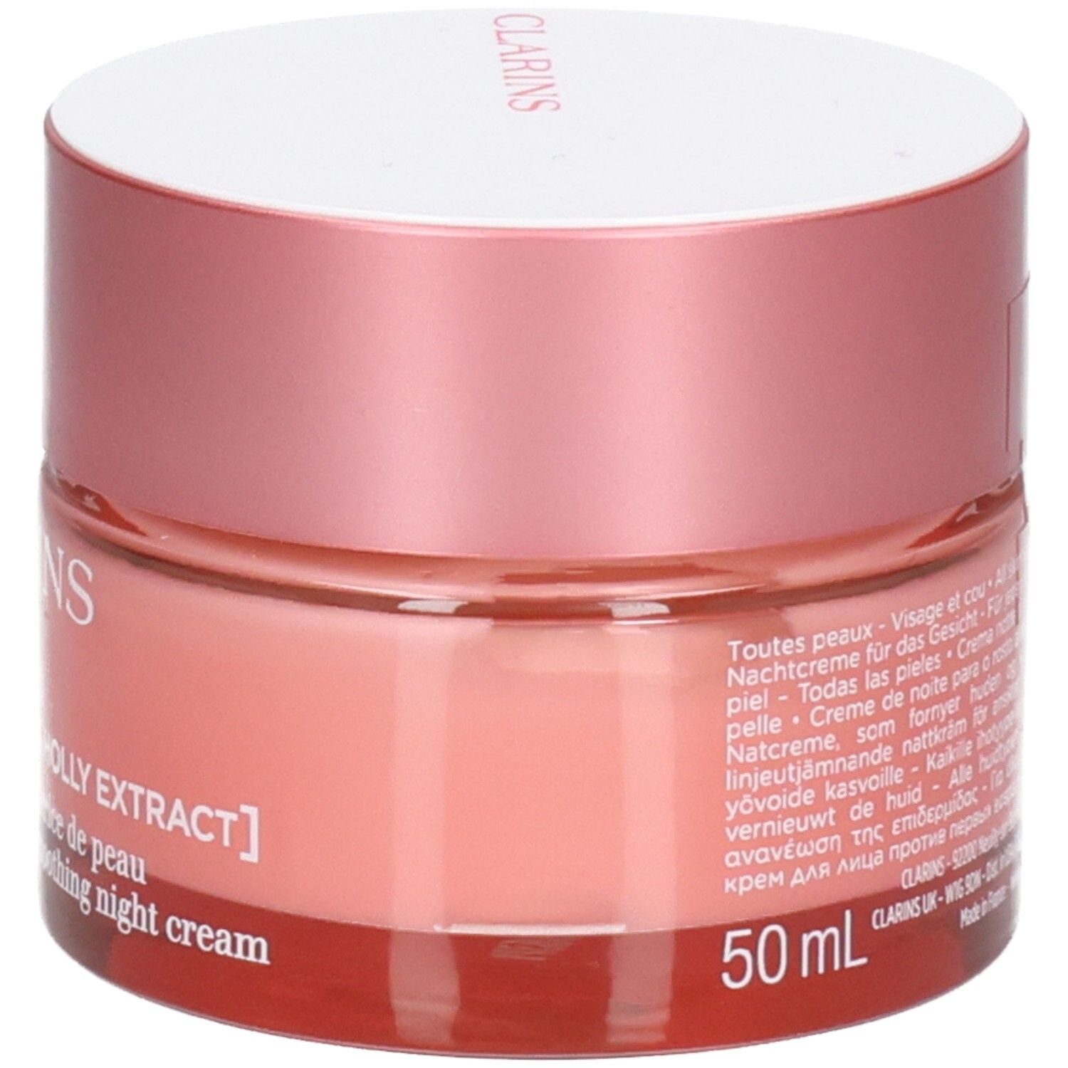 Clarins Multi-Active Nachtcrème, glazen pot met etiket en meertalige tekst.