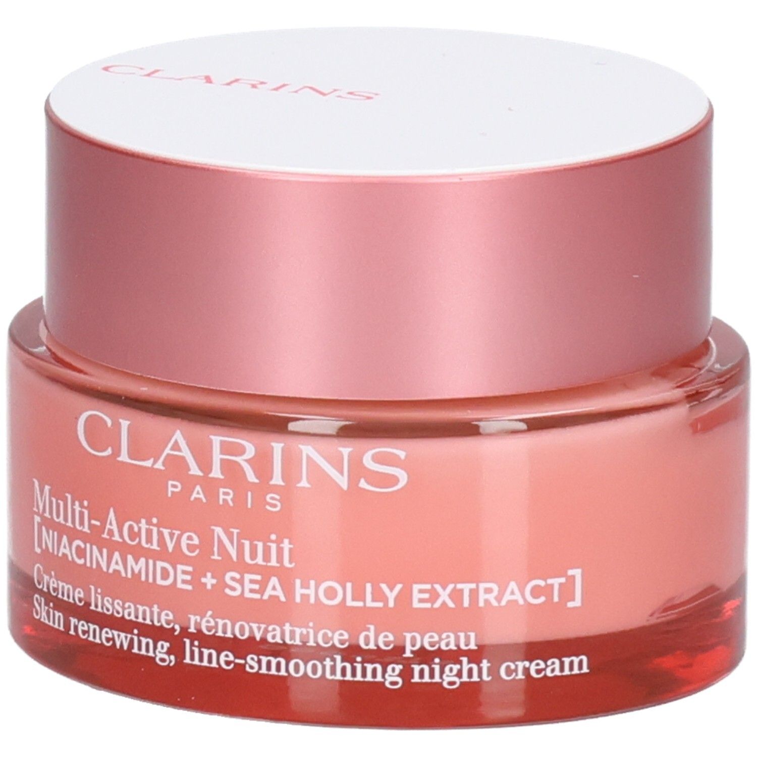 Clarins Multi-Active Nachtcrème, glazen pot met etiket en tekst, focus op ingrediënten.