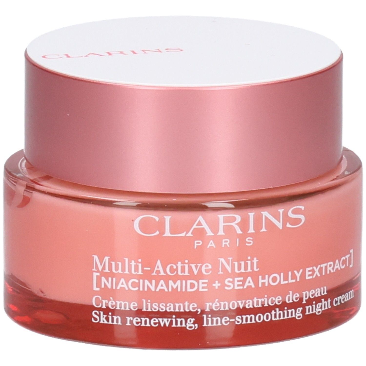 Clarins Multi-Active Nachtcrème, glazen pot met etiket en tekst, close-up.