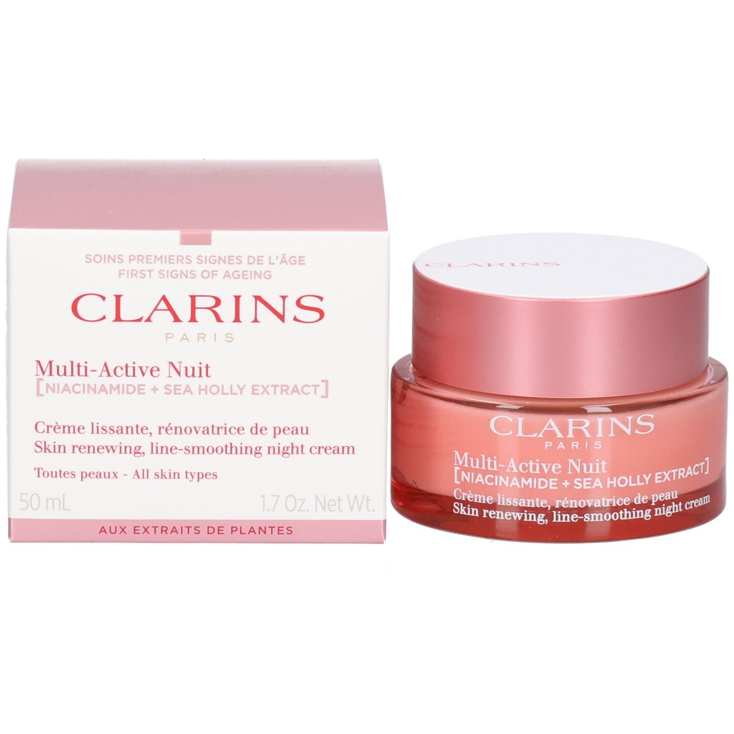 Clarins Multi-Active Nachtcrème en verpakking, beide met roze en witte accenten.