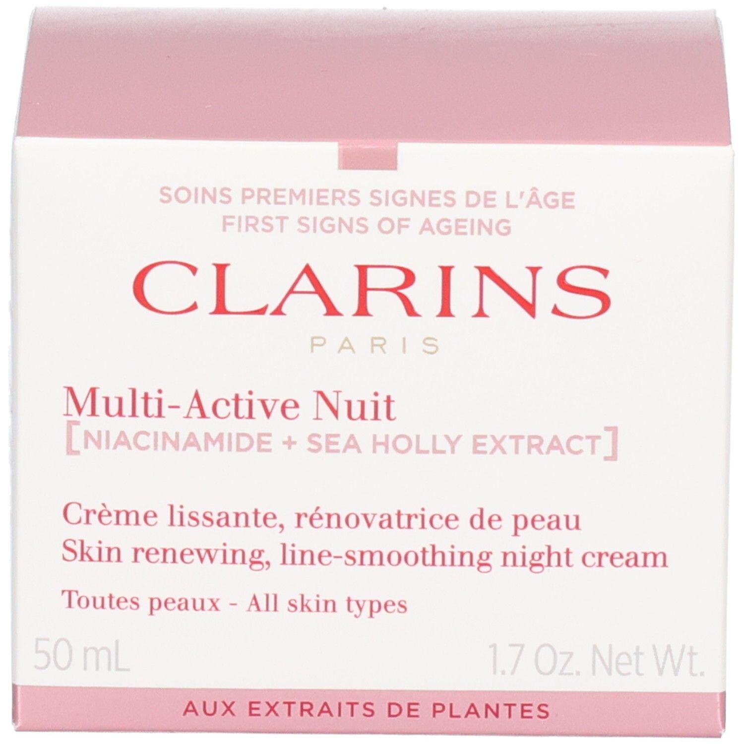 Verpakking Clarins Multi-Active Nachtcrème met productinformatie en merknaam.