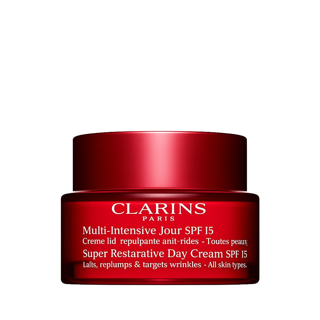 Clarins Multi-Intensive Jour SPF 15 dagcrème, rode glazen pot met witte deksel.