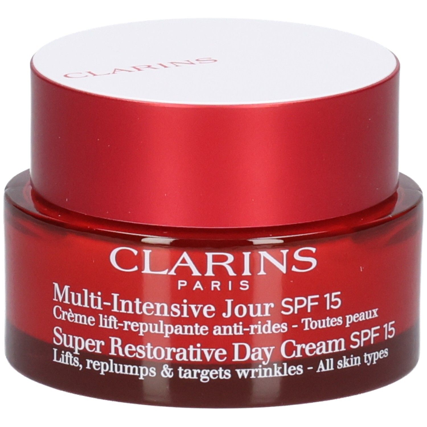 Clarins Multi-Intensive Jour SPF 15 dagcrème in rode glazen pot met witte deksel.