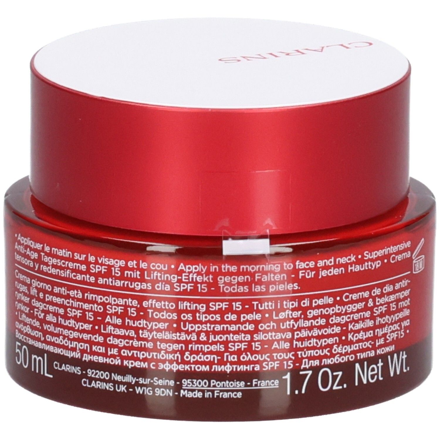 Clarins Multi-Intensive Jour SPF 15 dagcrème, 50 ml, met gedetailleerde productinformatie op de pot.