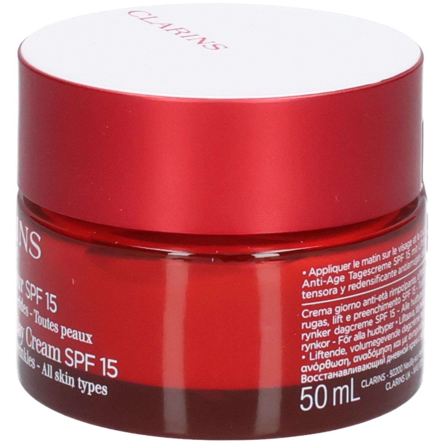 Clarins Multi-Intensive Jour SPF 15 dagcrème, rode pot met deksel en producttekst.
