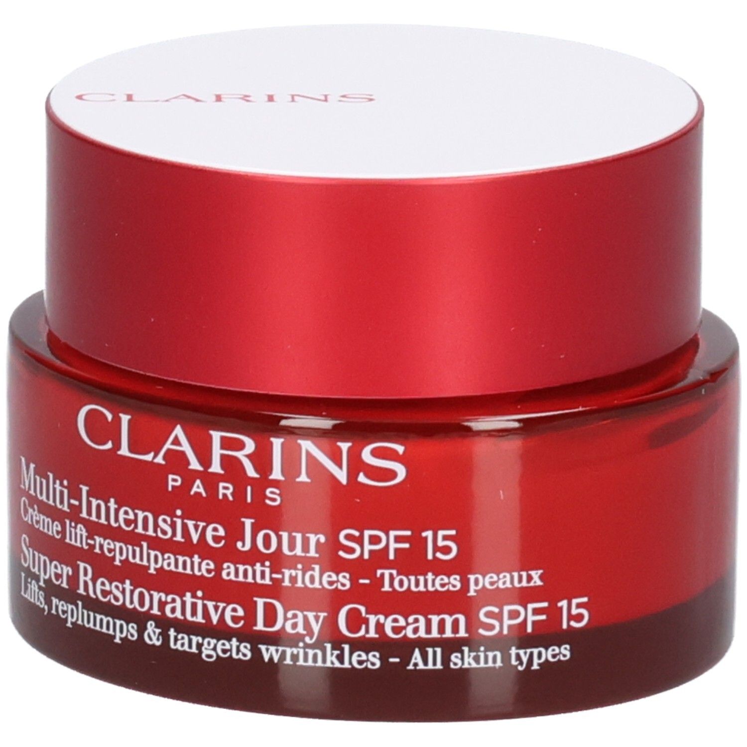Clarins Multi-Intensive Jour SPF 15 dagcrème in rode pot met witte deksel en productetiket.