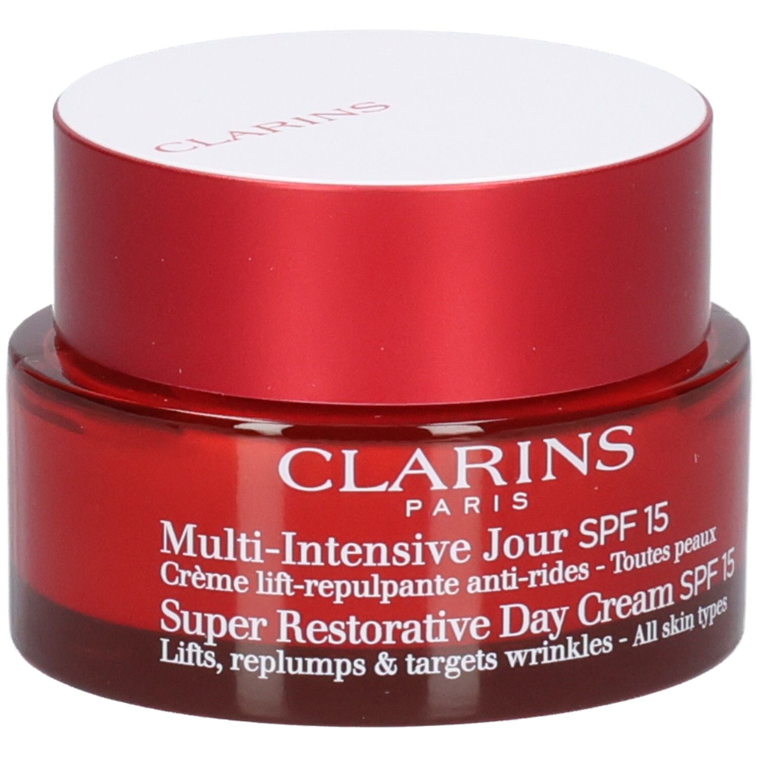 Clarins Multi-Intensive Jour SPF 15 dagcrème in rode pot met witte deksel, close-up.