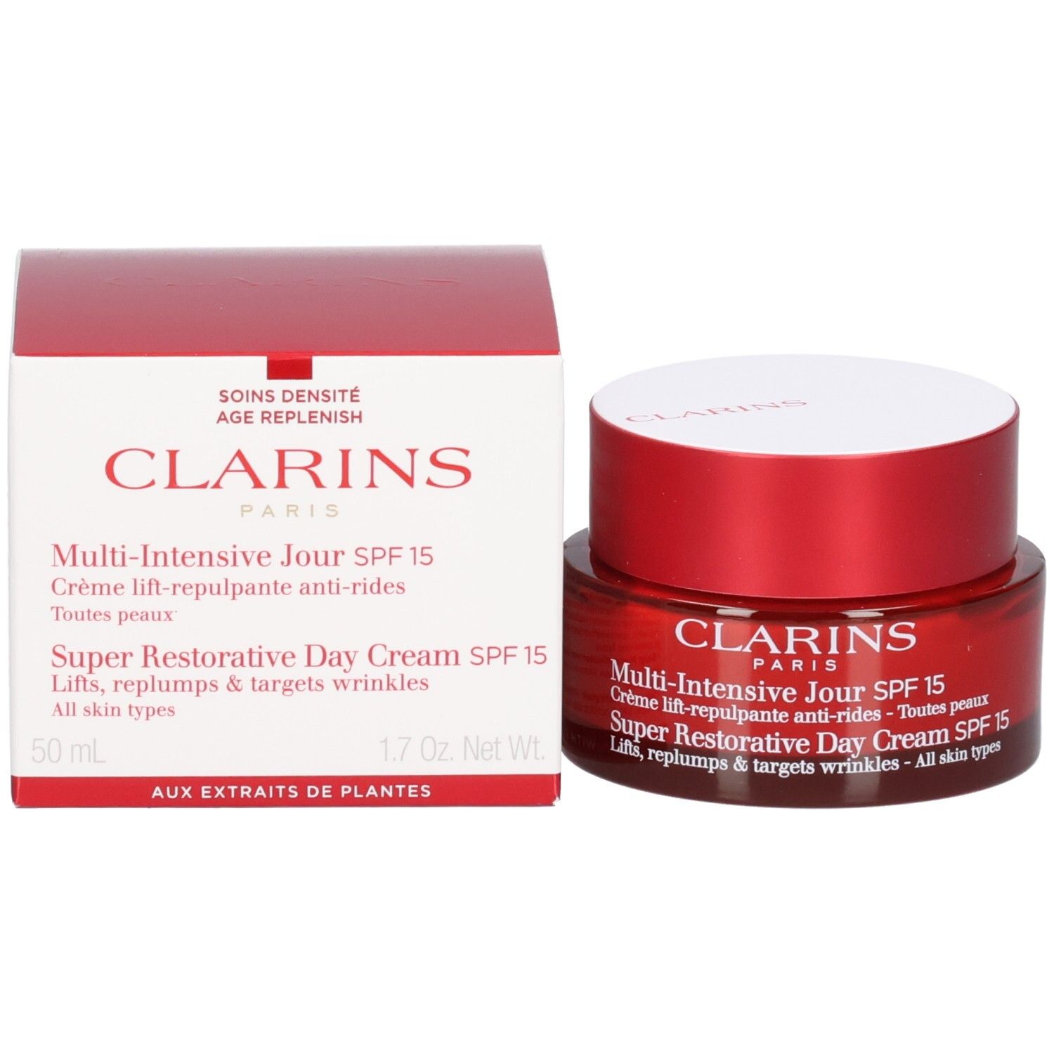 Clarins Multi-Intensive Jour SPF 15 dagcrème naast de productverpakking.