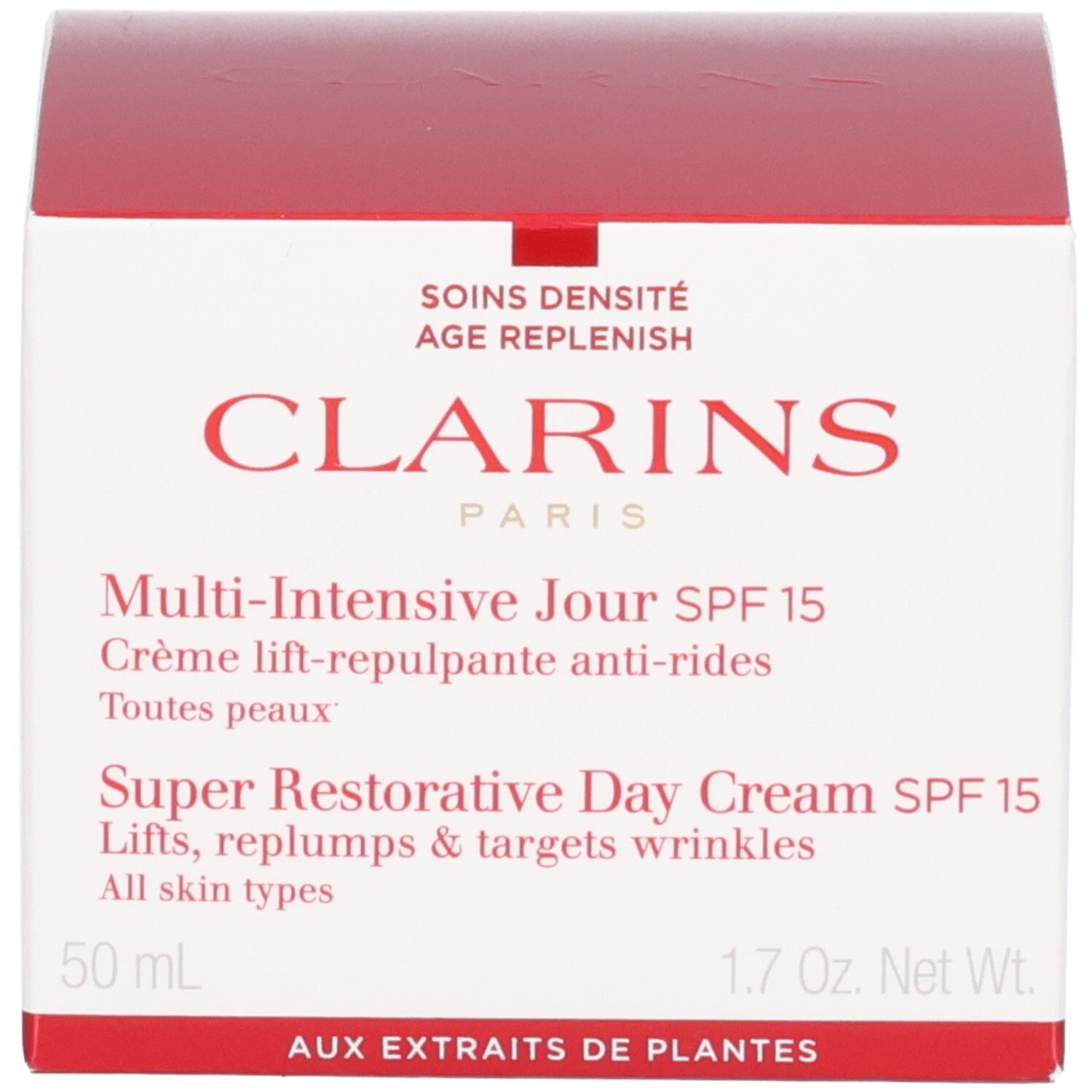Verpakking van de Clarins Multi-Intensive Jour SPF 15 dagcrème met productinformatie.