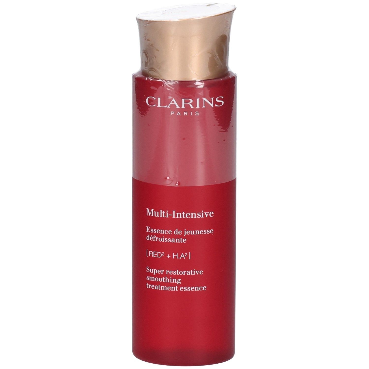 Clarins Multi-Intensive Essence fles met rode body en gouden dop.