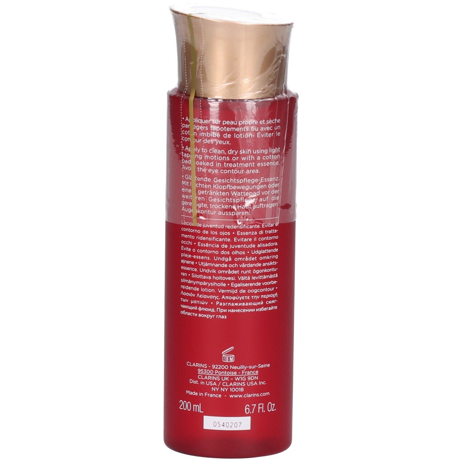 Clarins Multi-Intensive Essence fles, achterkant met gedetailleerde instructies.