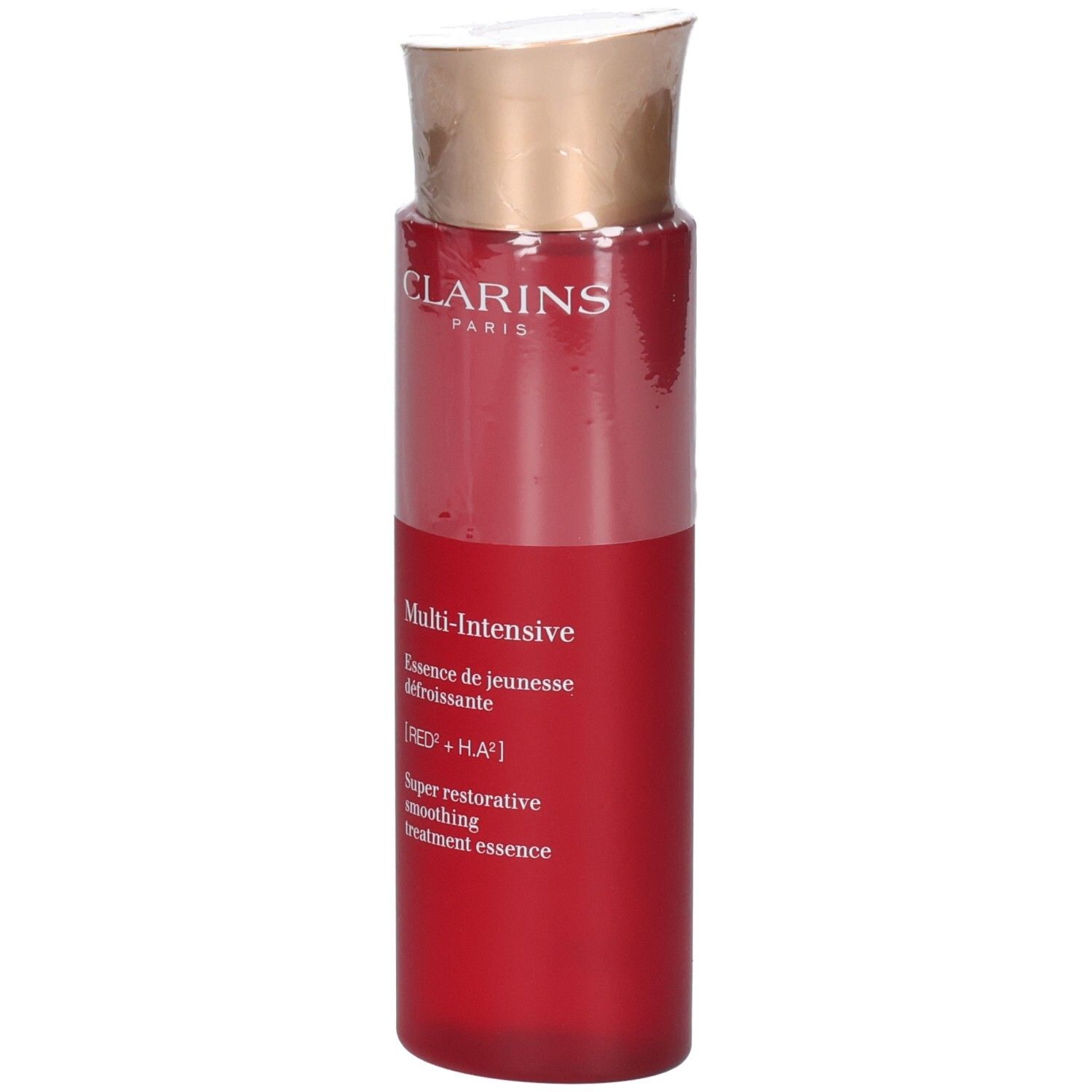 Clarins Multi-Intensive Essence fles met rode body en gouden dop.