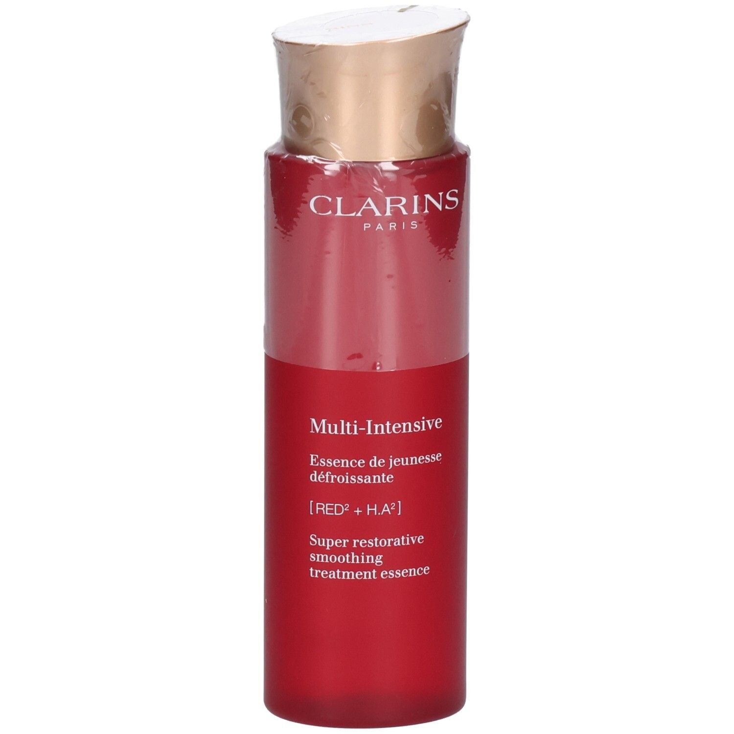 Clarins Multi-Intensive Essence fles met rode body en gouden dop.