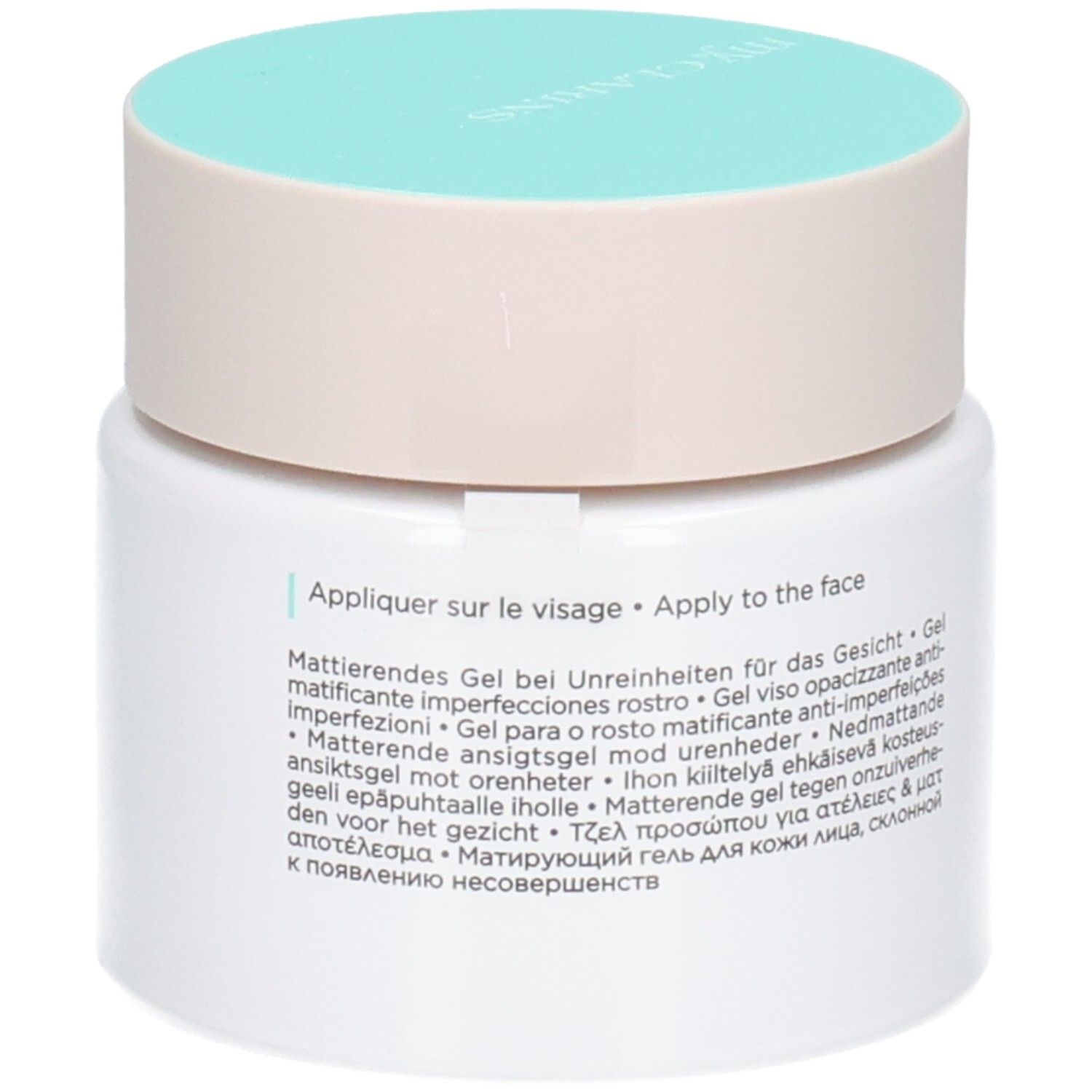 Côté du pot My Clarins Pure-Reset Gel avec instructions d'application en anglais et français.