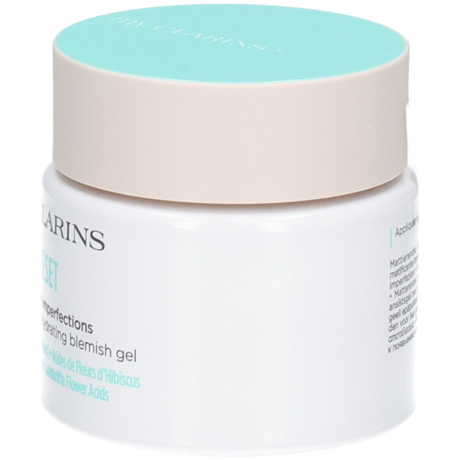 Vue latérale du pot My Clarins Pure-Reset Gel. Pot blanc avec couvercle beige clair et turquoise.