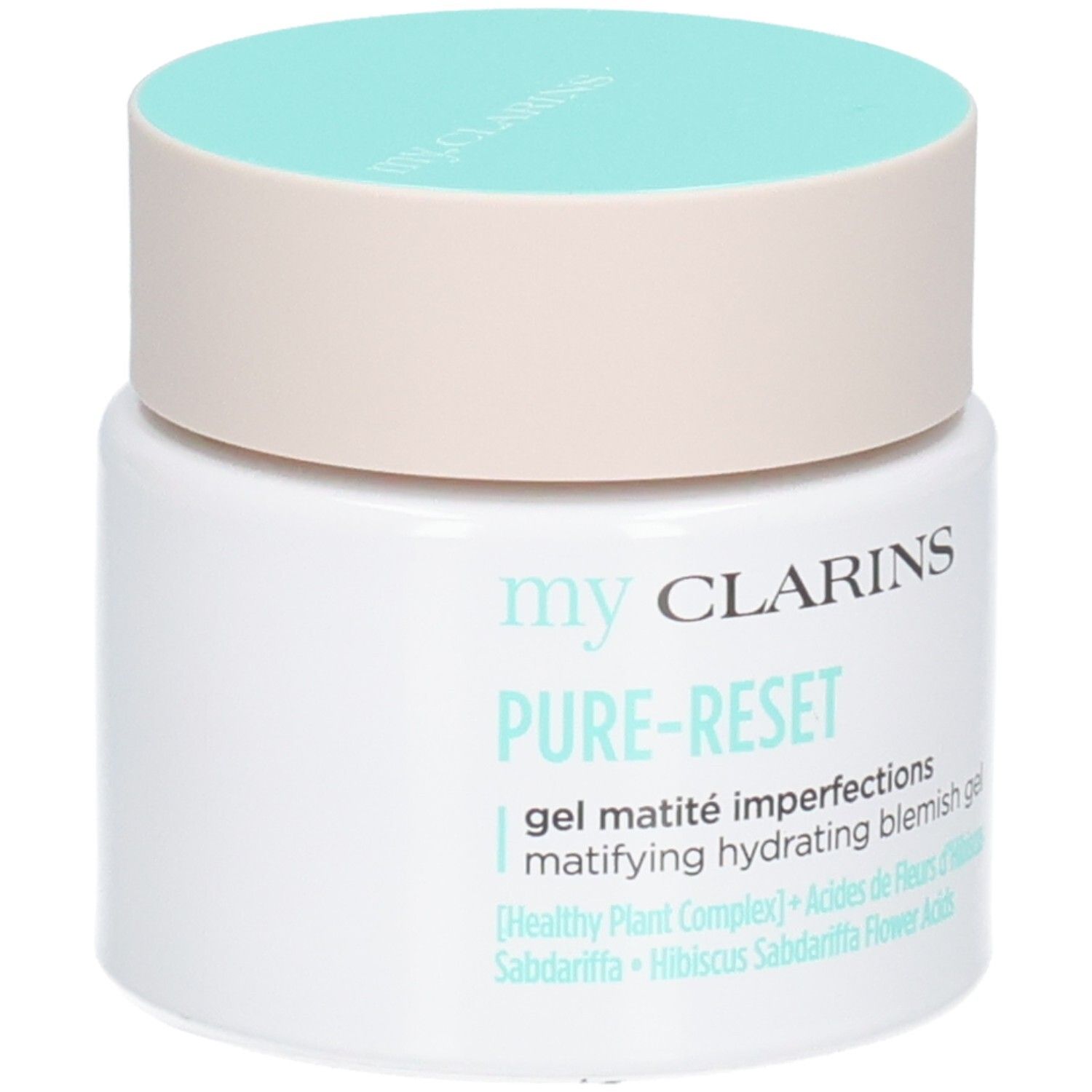 Gel matité imperfections Pure-Reset My Clarins. Pot blanc avec couvercle beige clair et turquoise.
