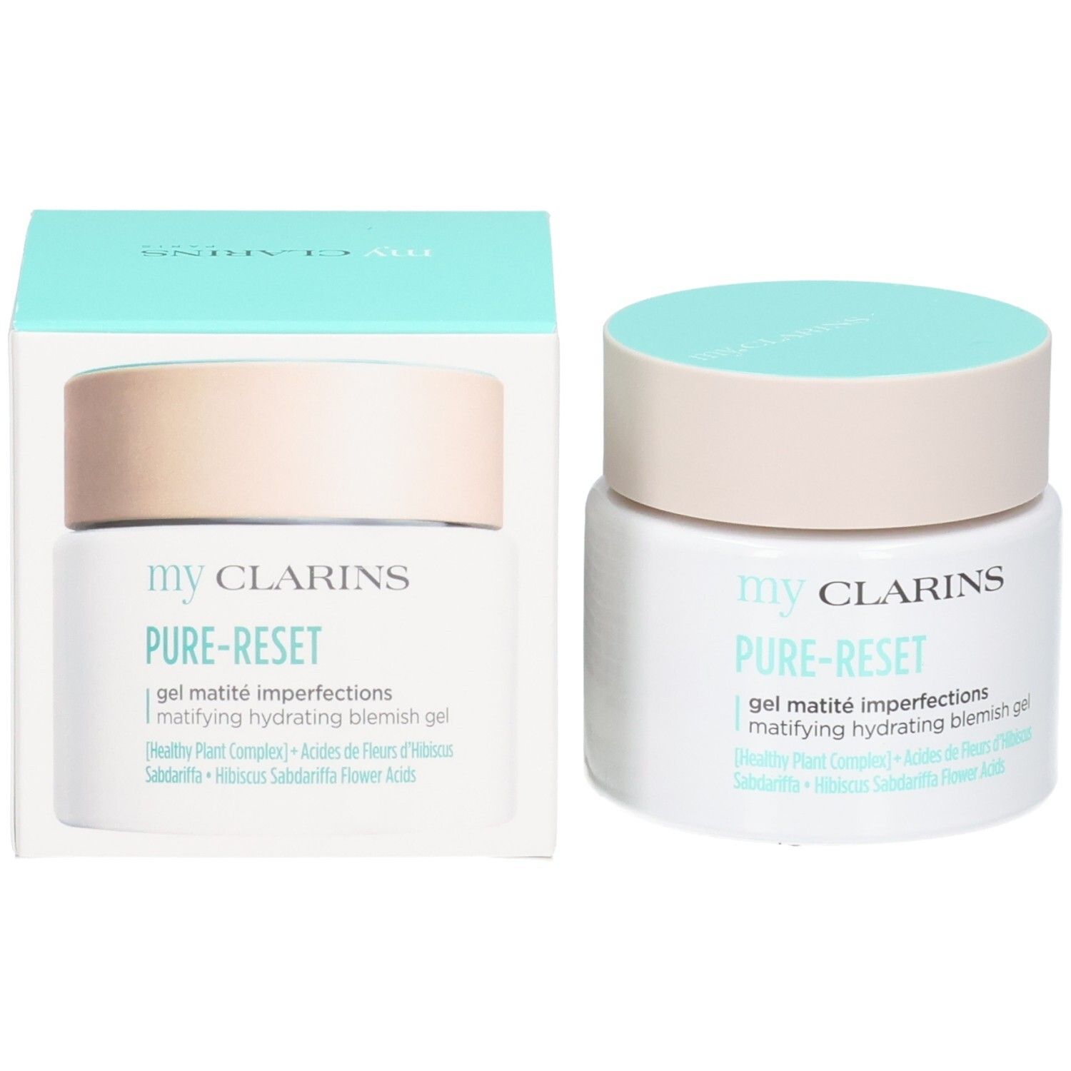 Gel Pure-Reset My Clarins avec emballage. Pot blanc avec couvercle beige clair et turquoise, à côté de sa boîte.