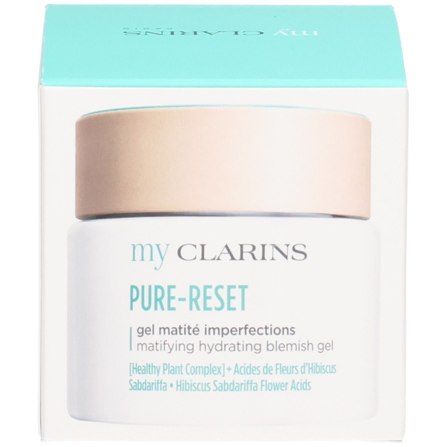 Emballage du Gel Pure-Reset My Clarins. Boîte bleu clair avec l'image du produit et le nom de la marque.