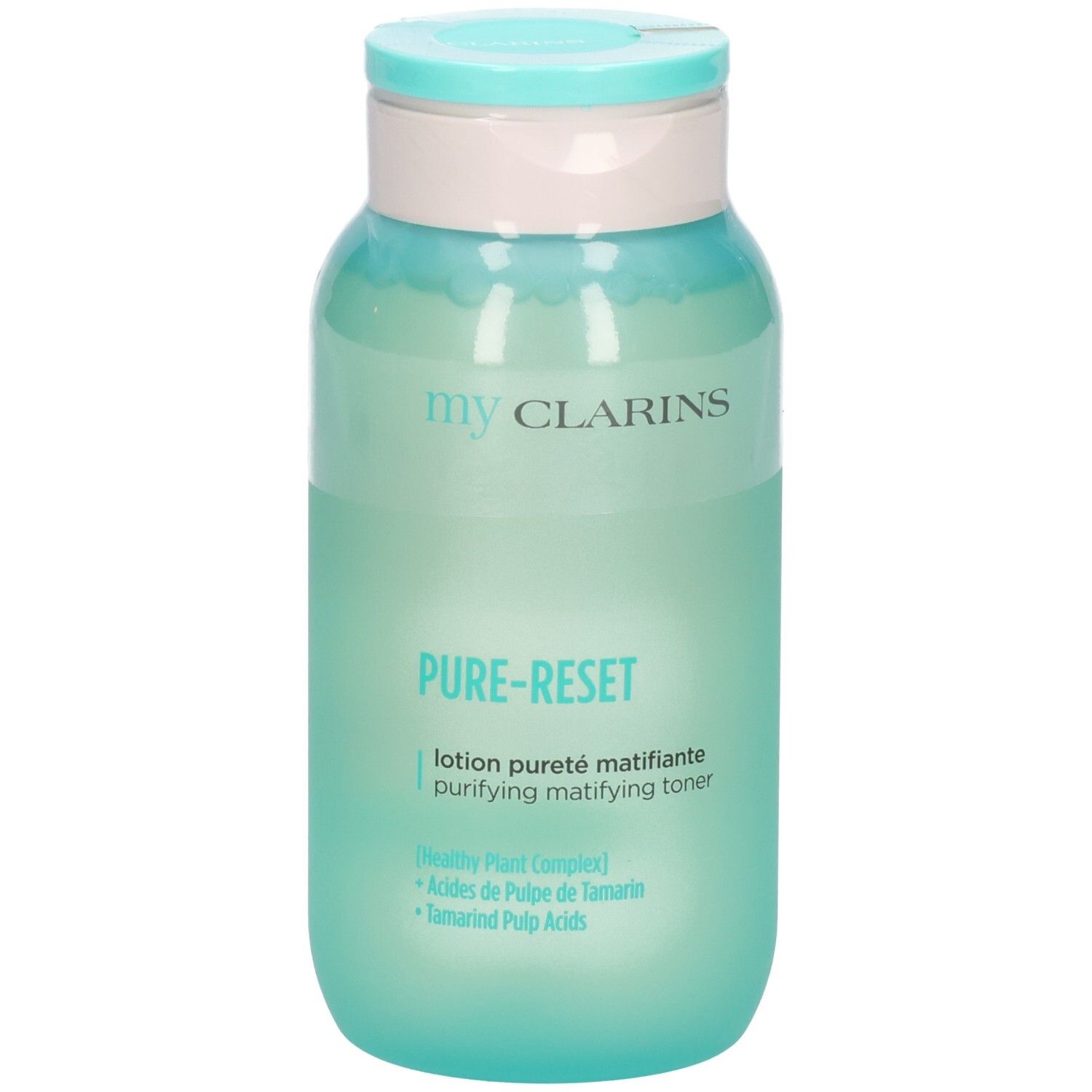 My Clarins Pure-Reset matterende lotion in een doorschijnend groene fles met lichtblauwe klapdop.