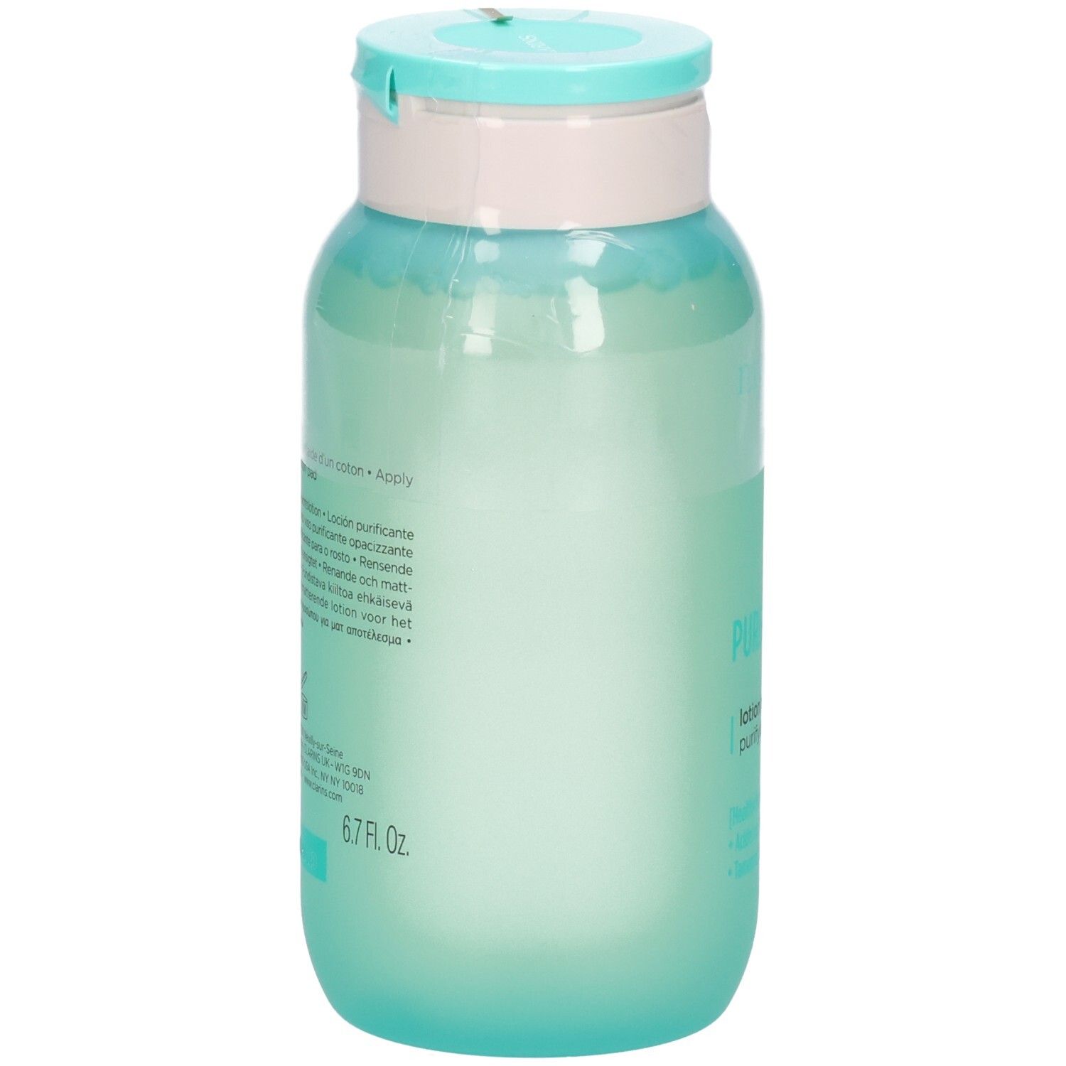 Achterkant van de My Clarins Pure-Reset matterende lotion fles met productinformatie en 200 ml vermelding.