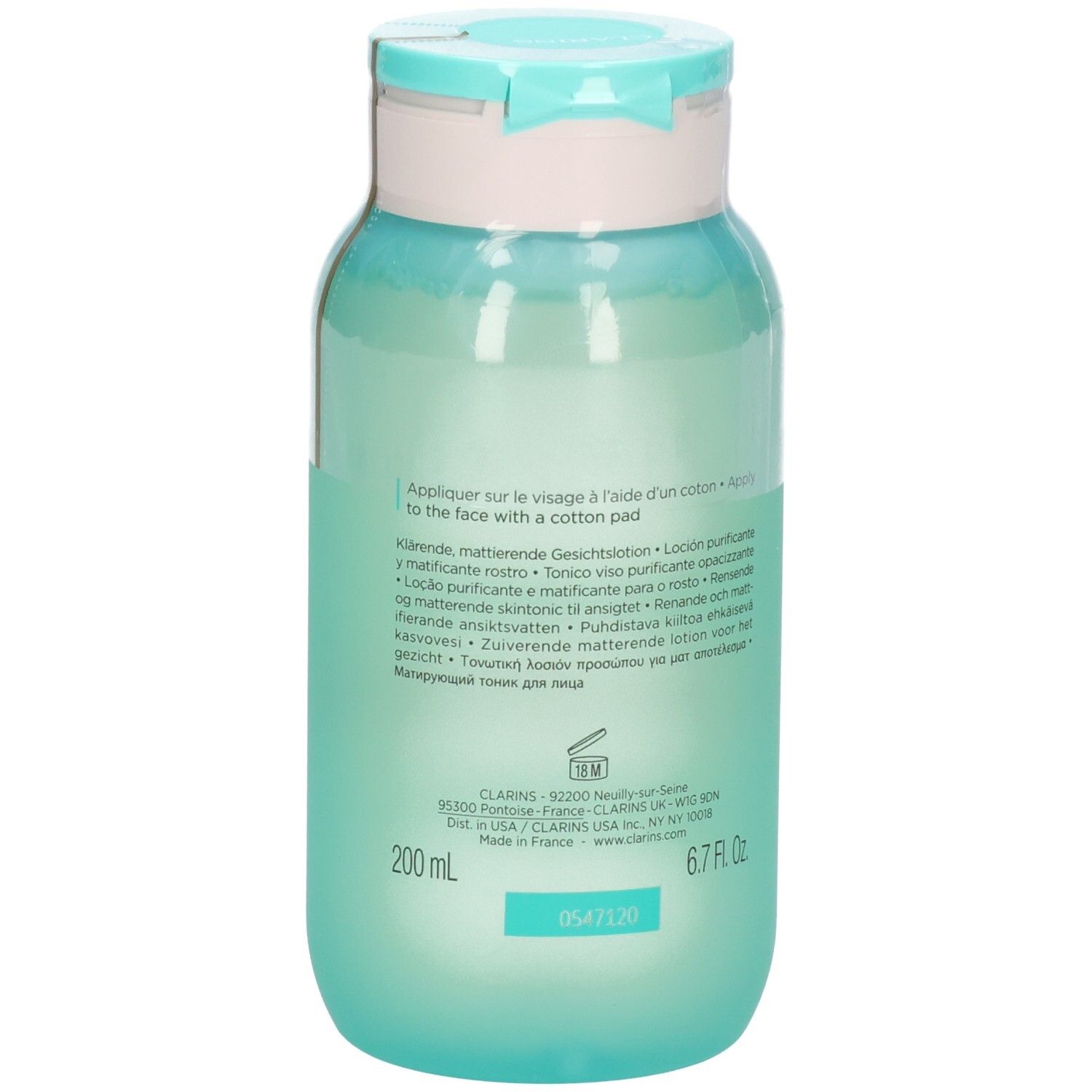 Achterkant van de My Clarins Pure-Reset matterende lotion fles met gebruiksinstructies en 200 ml vermelding.