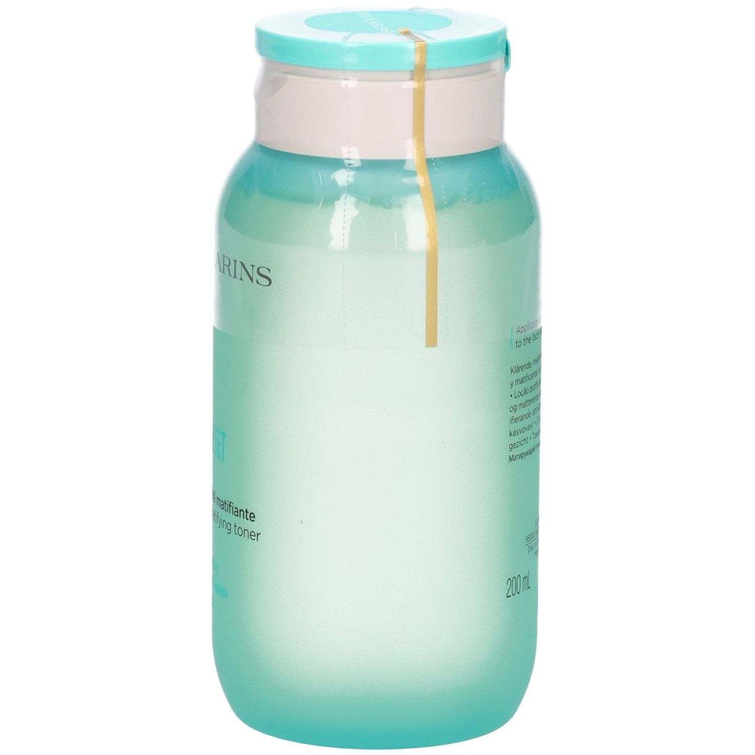 My Clarins Pure-Reset matterende lotion fles met lichtblauwe klapdop en gele zegel.