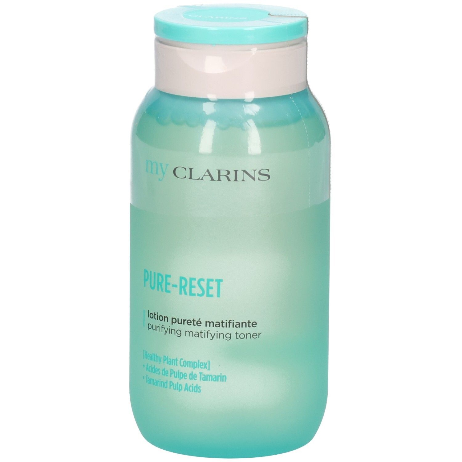 My Clarins Pure-Reset matterende lotion in een doorschijnend groene fles met lichtblauwe klapdop.