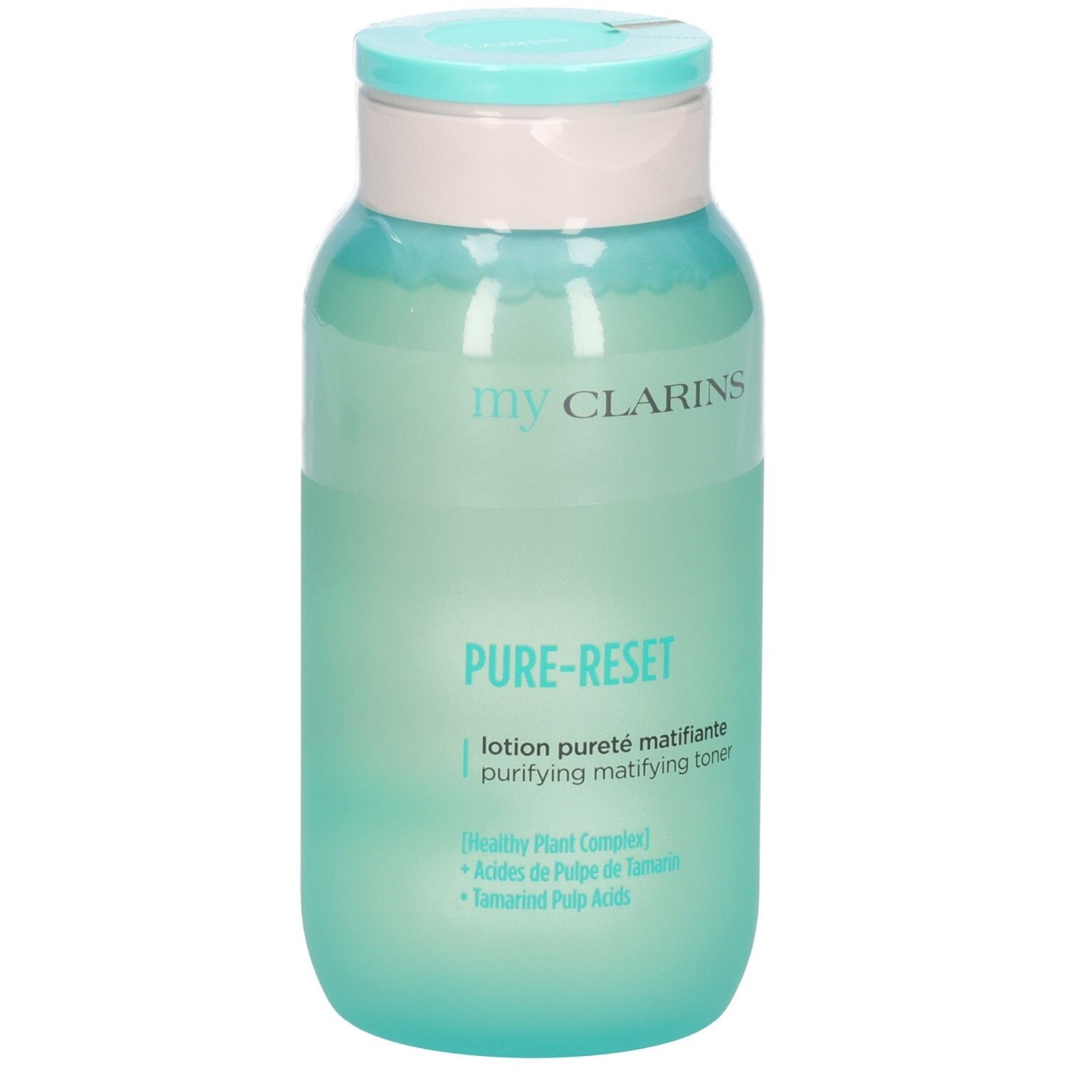 My Clarins Pure-Reset matterende lotion in een doorschijnend groene fles met lichtblauwe klapdop.