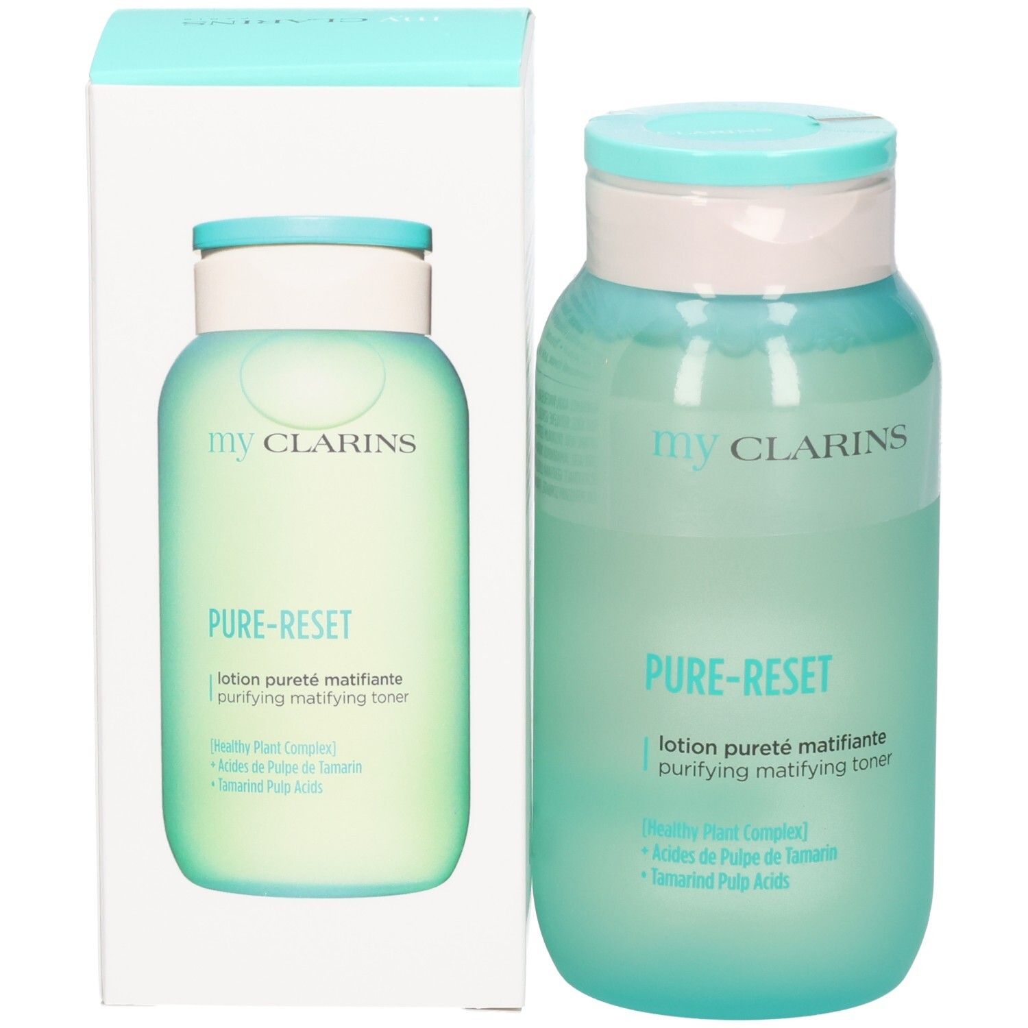 My Clarins Pure-Reset matterende lotion en de verpakking, beide met doorschijnend groene flacons.