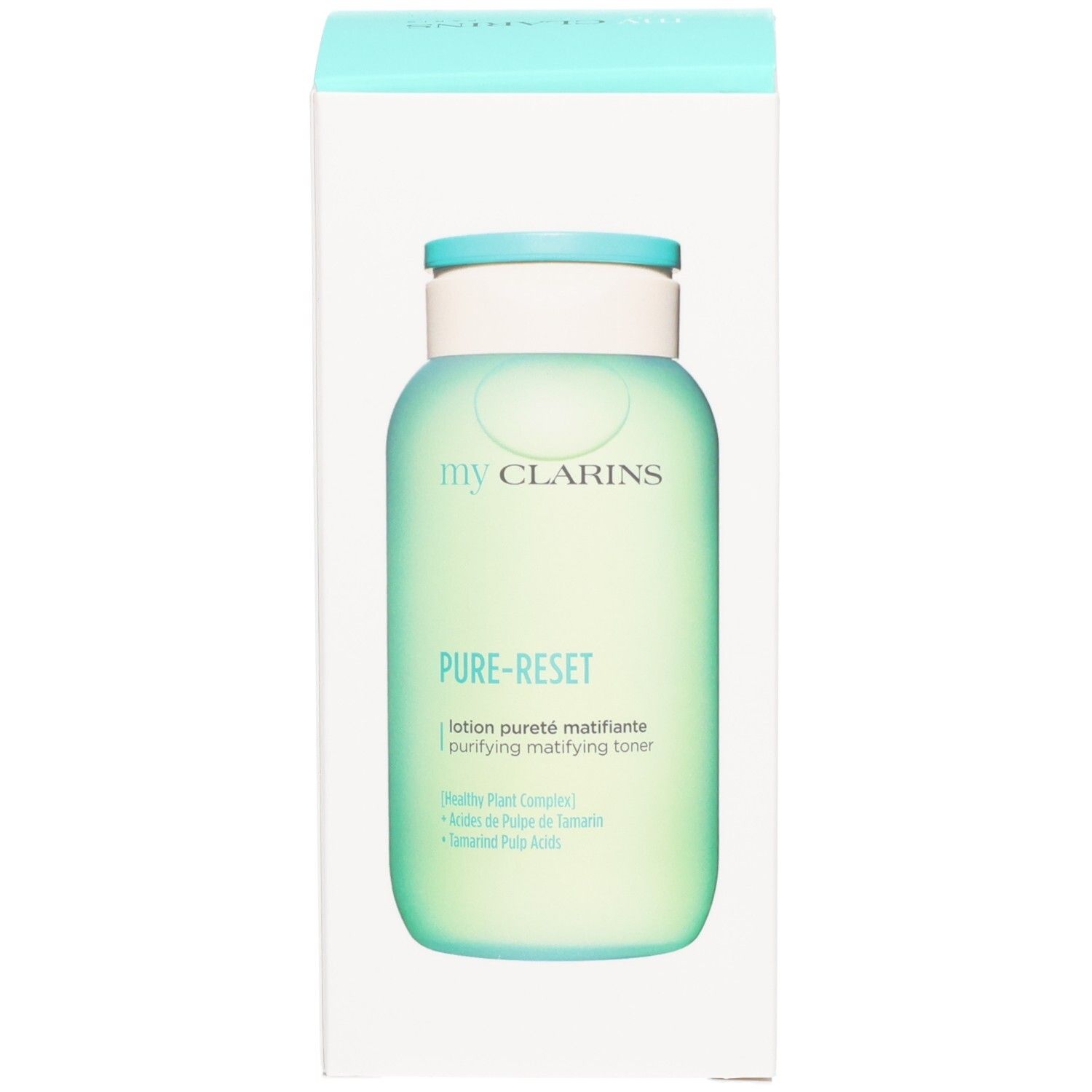 Verpakking van de My Clarins Pure-Reset matterende lotion met een afbeelding van de doorschijnend groene fles.