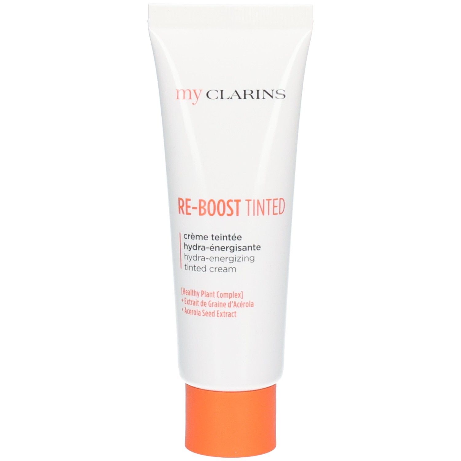Witte tube met oranje dop, opschrift "my CLARINS RE-BOOST TINTED".