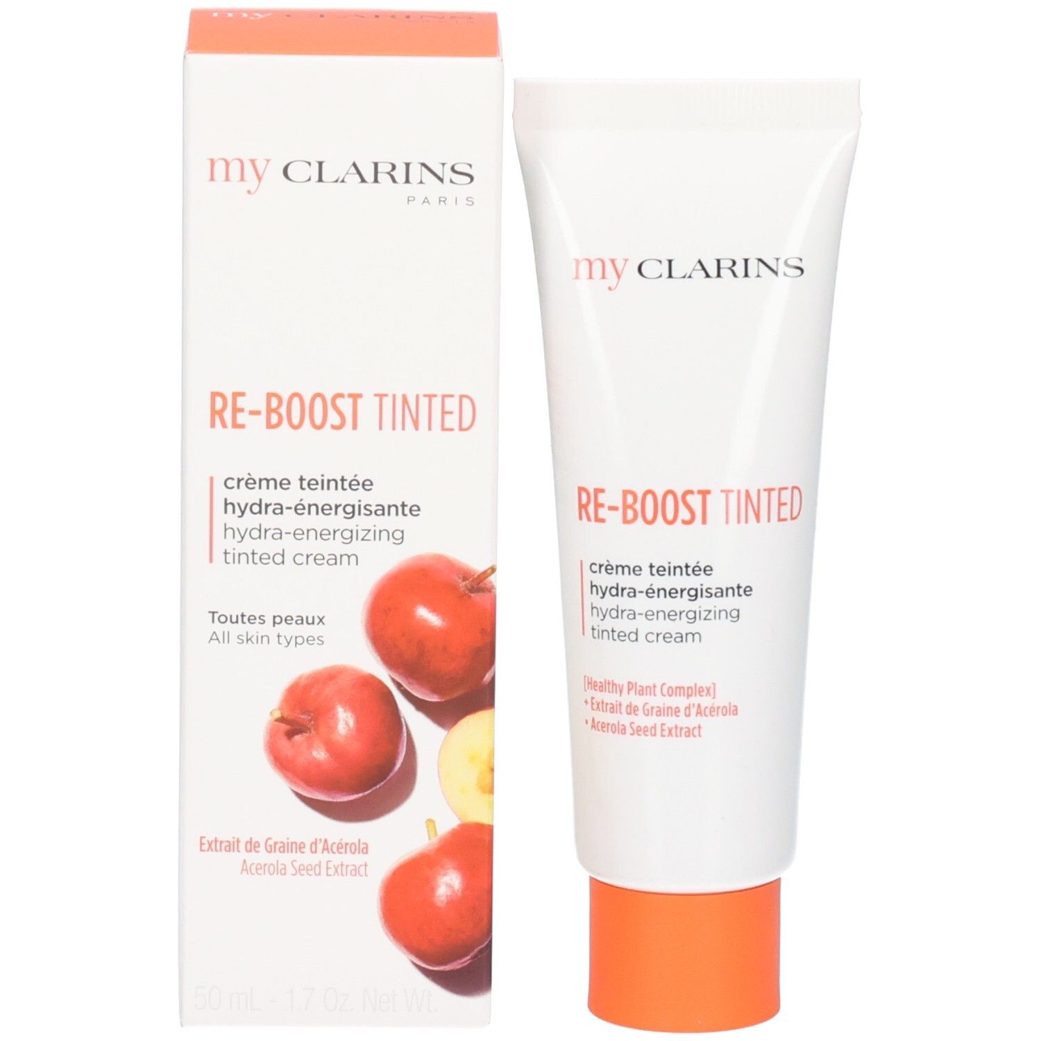 Tube en kartonnen doos met sinaasappels en opschrift "my CLARINS RE-BOOST TINTED".