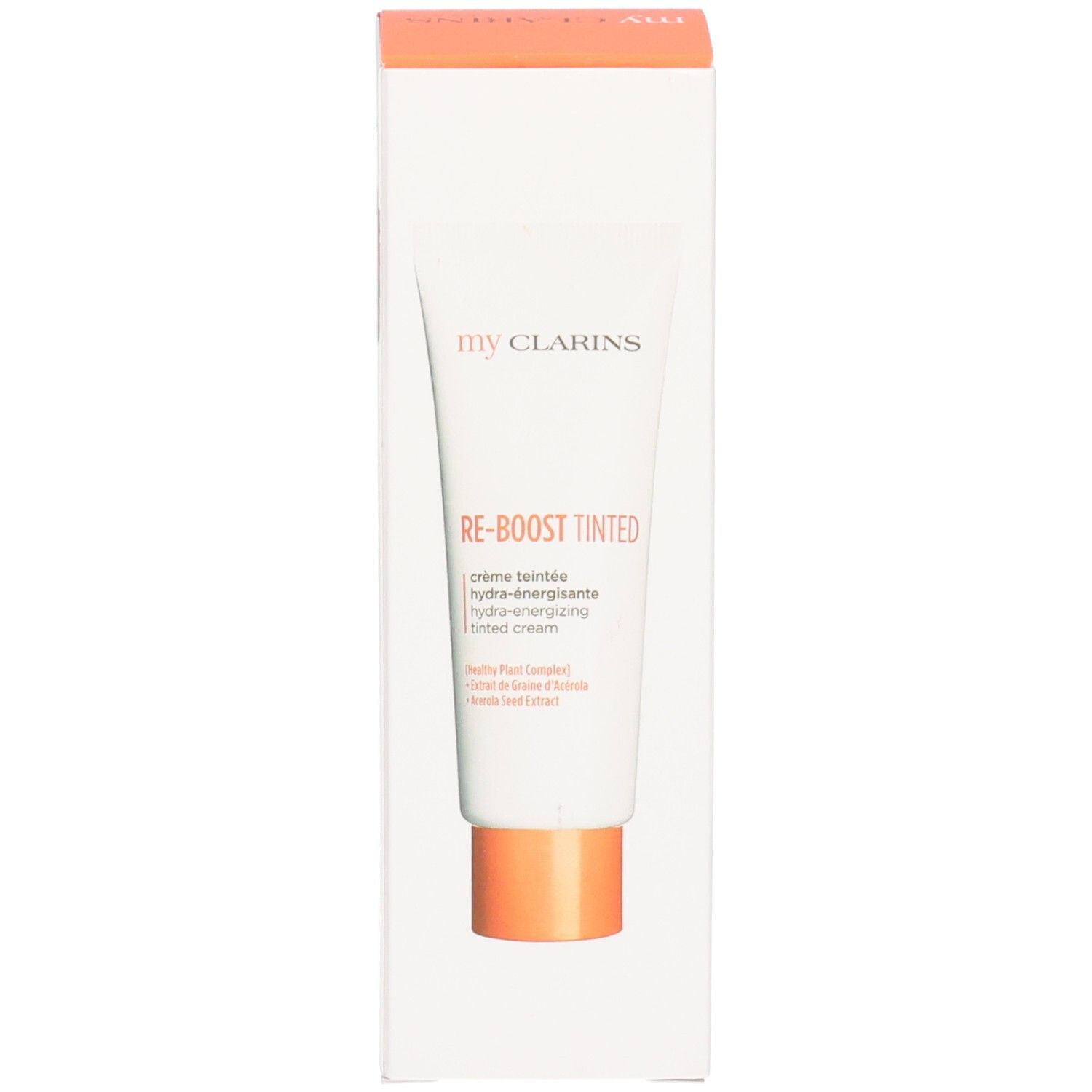 Witte tube met oranje dop in een kartonnen doos.