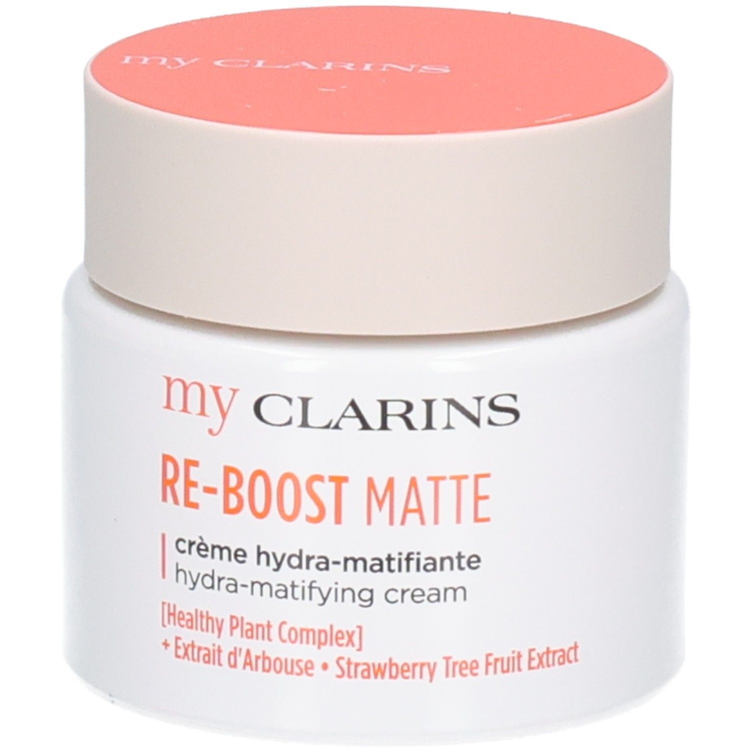 Pot blanc avec couvercle pêche. Crème Clarins RE-BOOST MATTE.