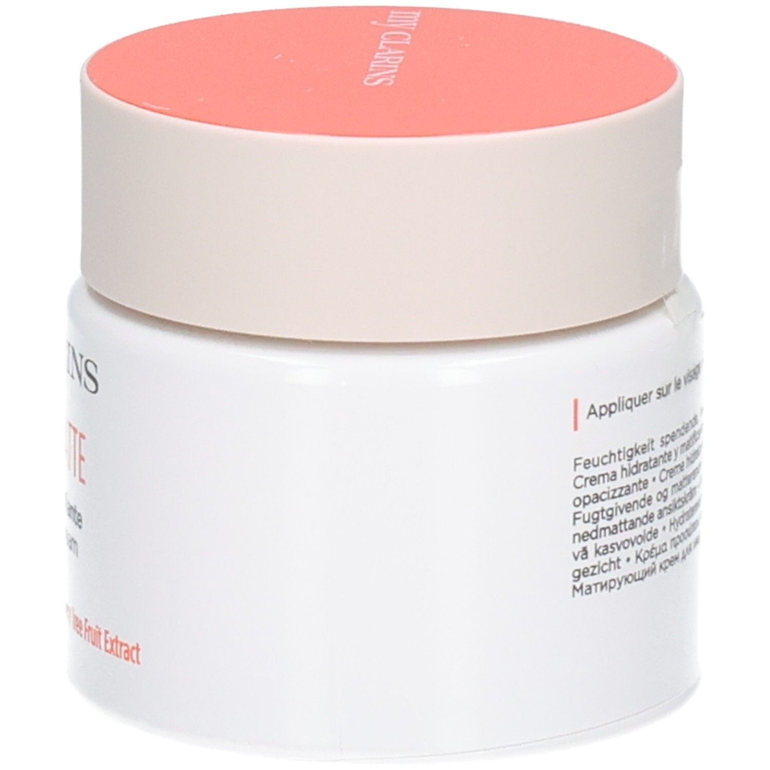 Vue latérale du pot blanc avec couvercle pêche. Crème Clarins RE-BOOST MATTE.