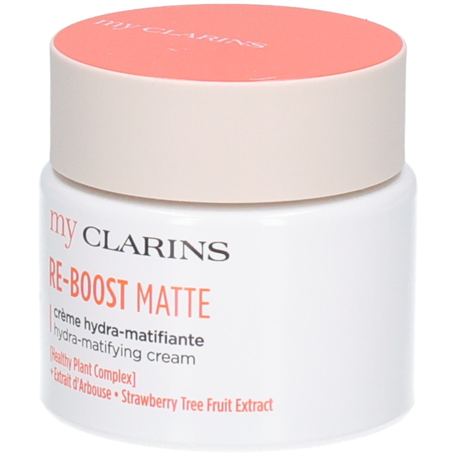 Pot blanc avec couvercle pêche. Crème Clarins RE-BOOST MATTE.