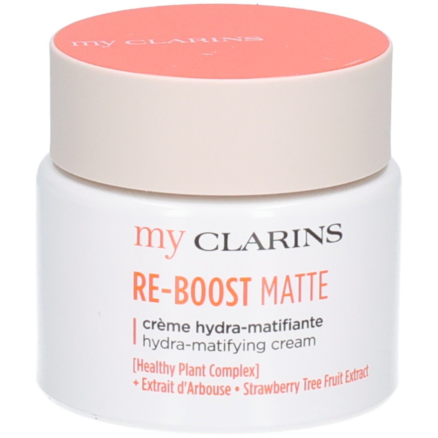 Pot blanc avec couvercle pêche. Crème Clarins RE-BOOST MATTE.