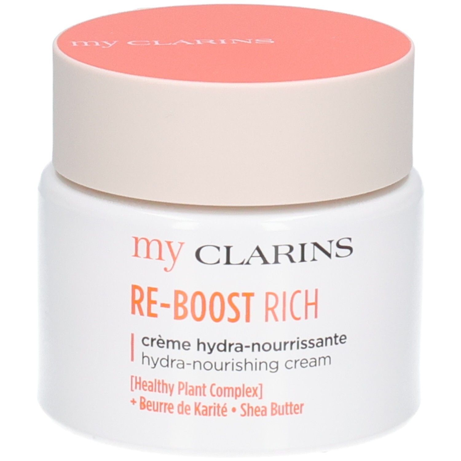 Clarins Re-Boost Rich Crème: Witte pot met oranje deksel. Bevat sheaboter.