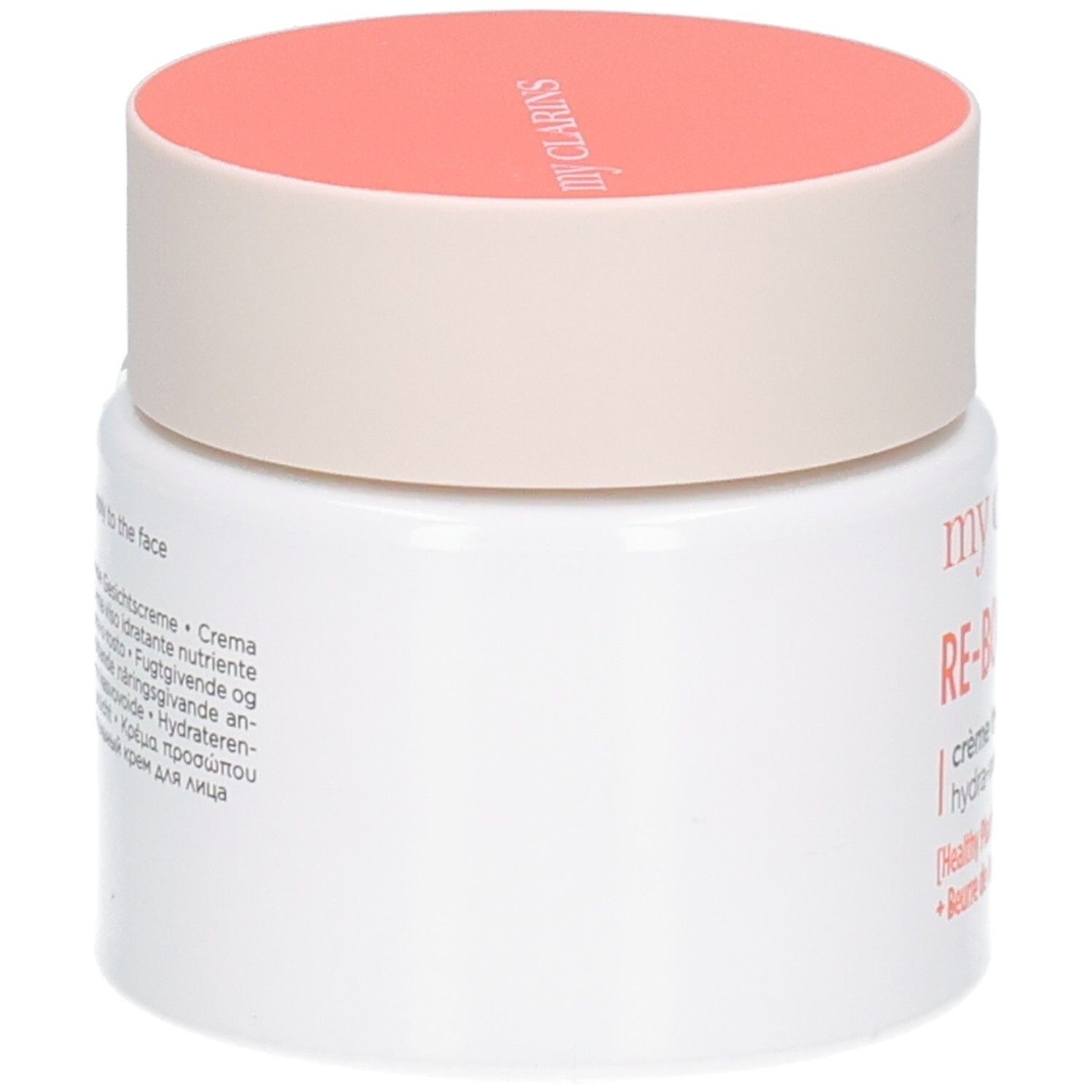 Clarins Re-Boost Rich Crème: Zijaanzicht van een witte pot met oranje deksel.