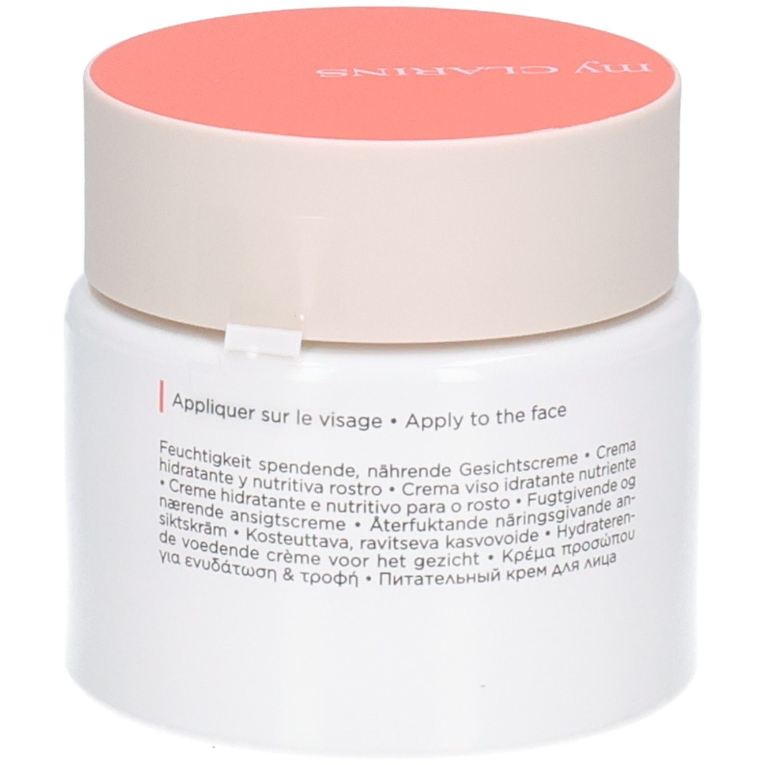 Clarins Re-Boost Rich Crème: Achterkant van de pot met meertalige gebruiksinstructies.
