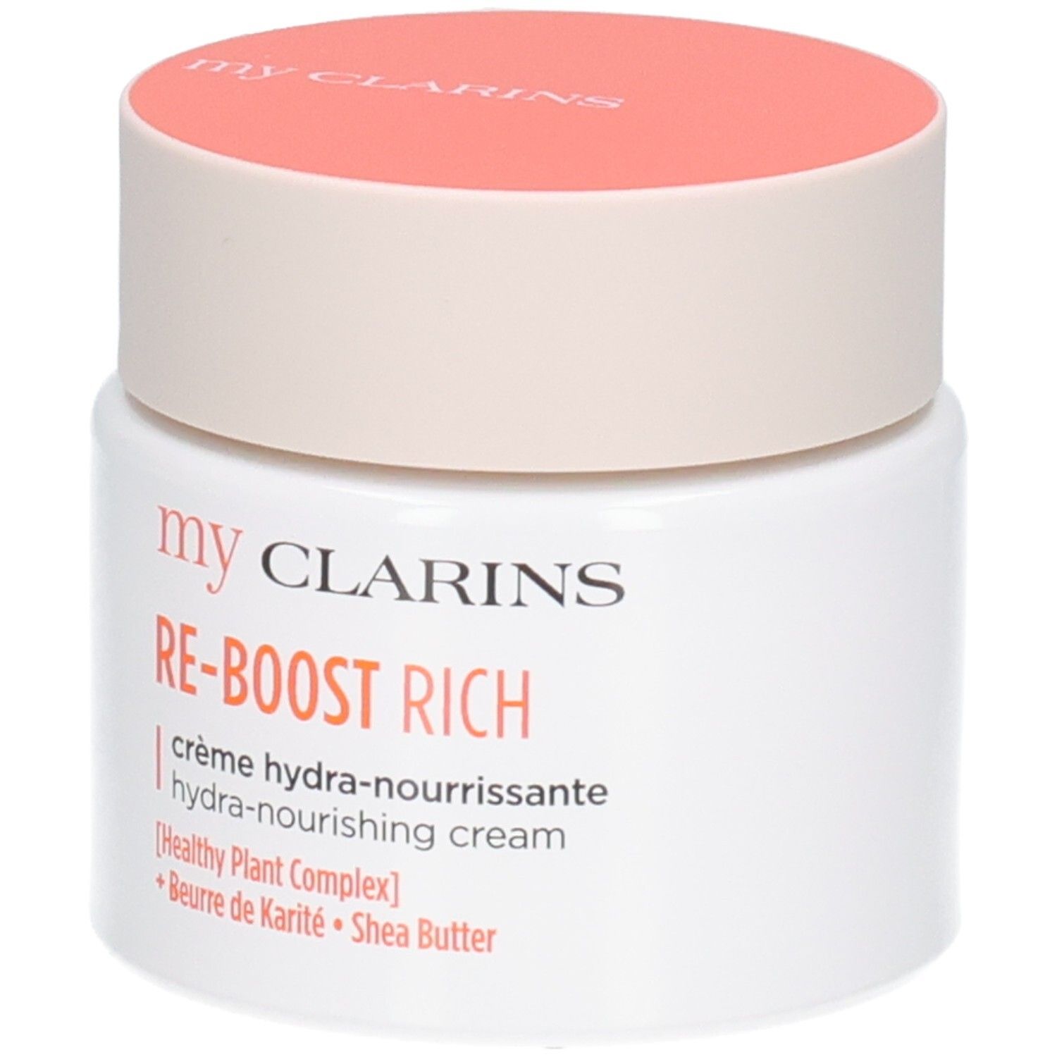 Clarins Re-Boost Rich Crème: Witte pot met oranje deksel, tekst op het etiket.