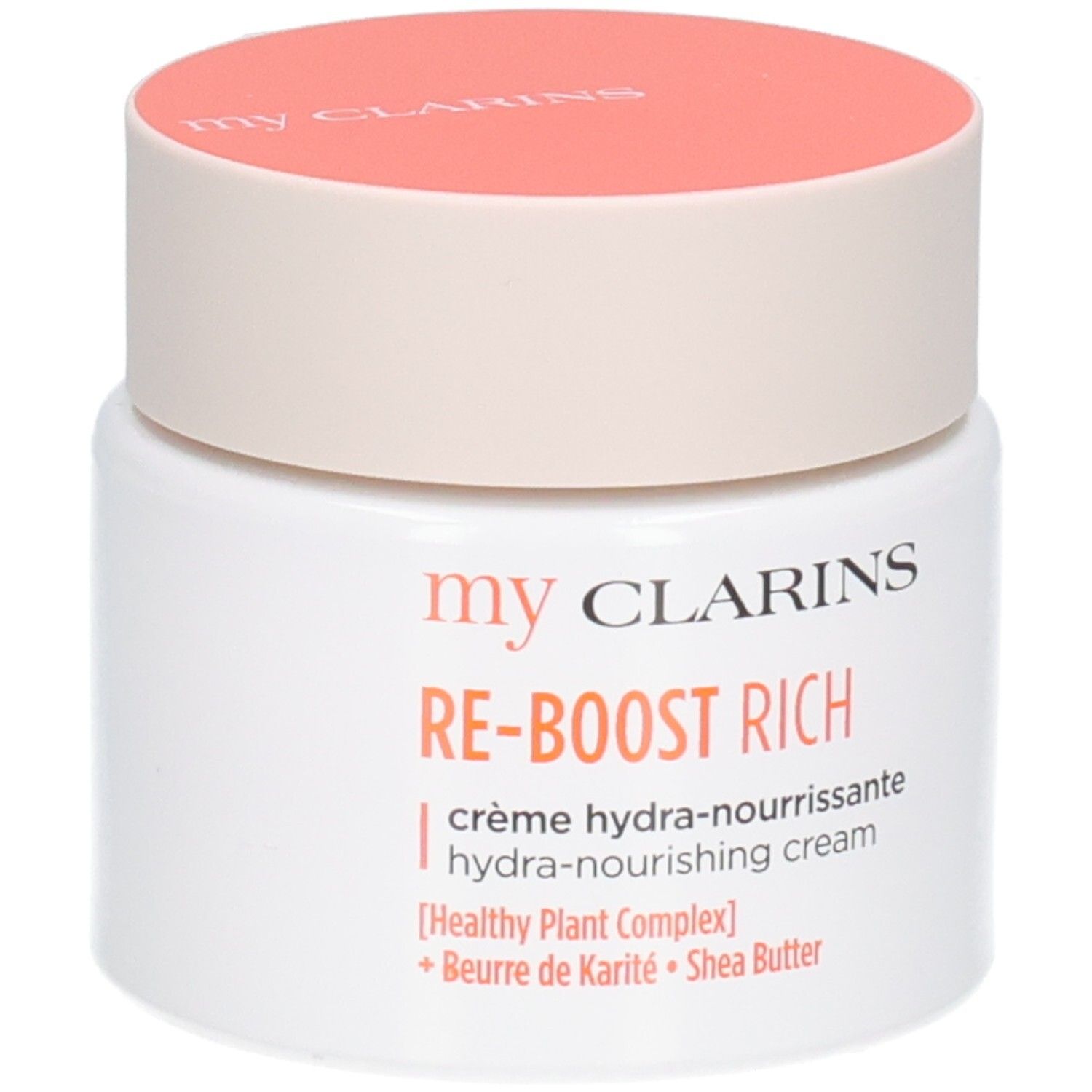 Clarins Re-Boost Rich Crème: Witte pot met oranje deksel, gedetailleerde productinformatie.