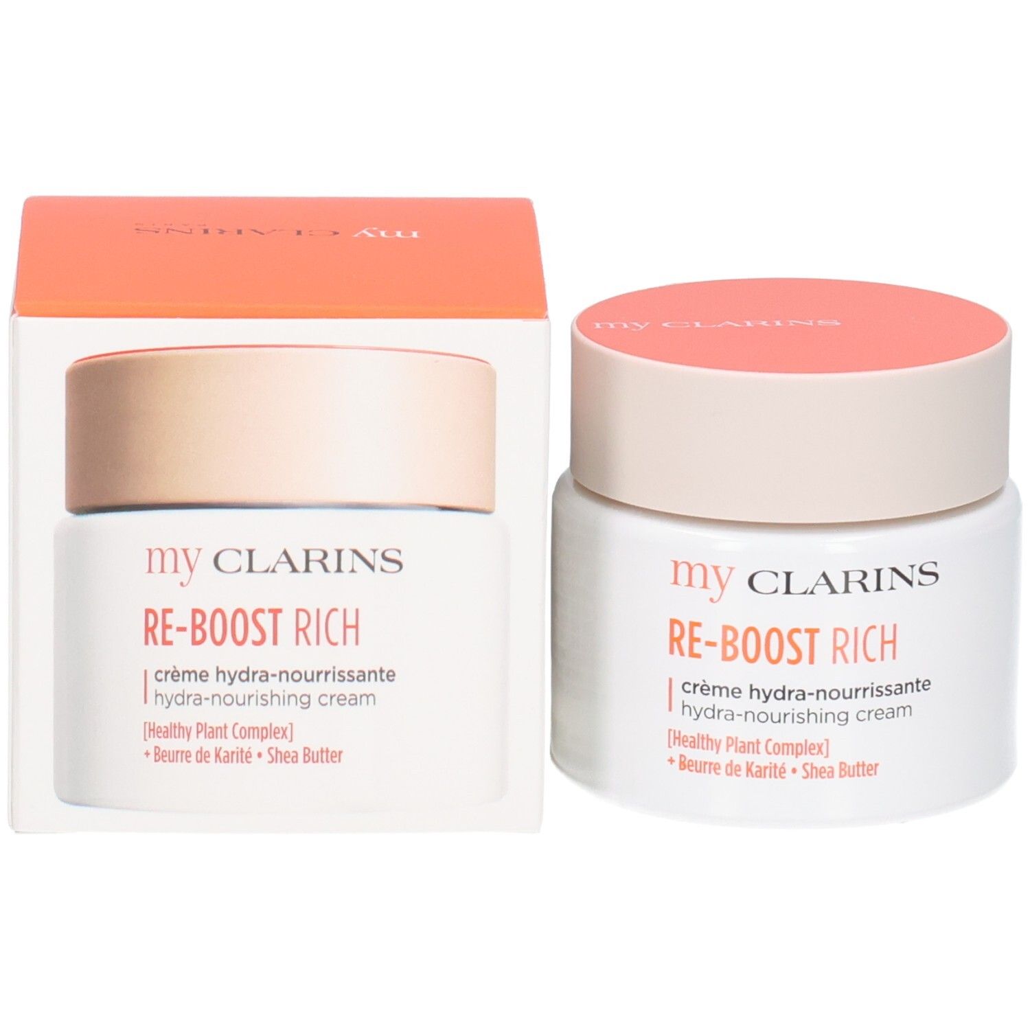 Clarins Re-Boost Rich Crème en verpakking: Pot en doos naast elkaar.
