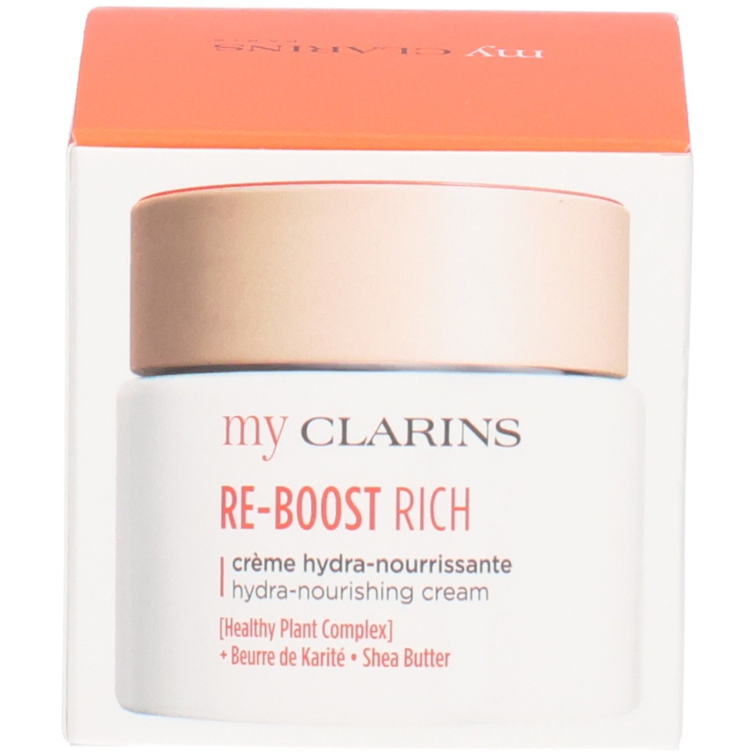 Clarins Re-Boost Rich Crème in doos: Voorkant van de doos met afbeelding van de pot.